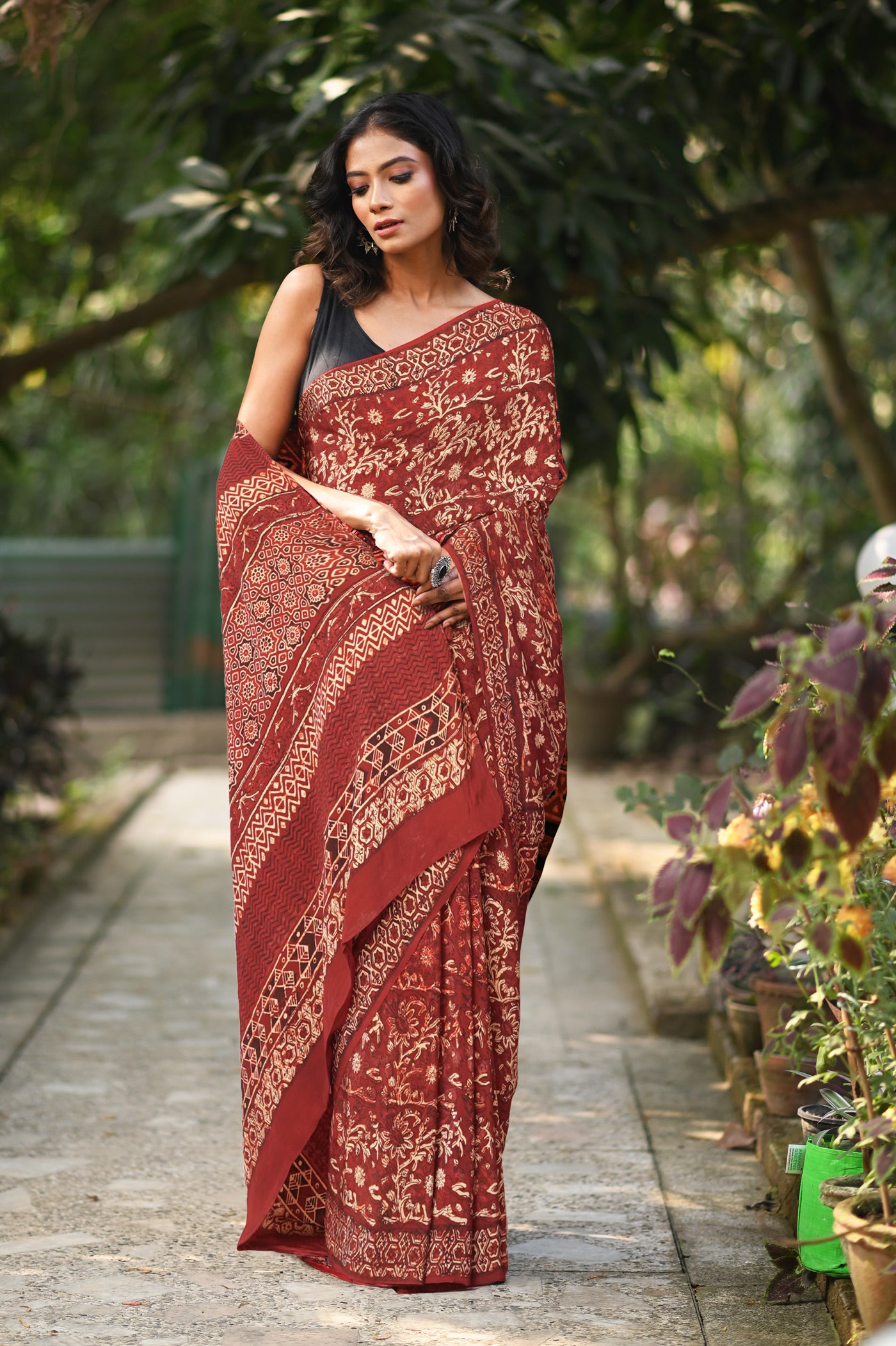 Maroon Pure Ajrakh Printed Soft Silk Saree-UNM81698