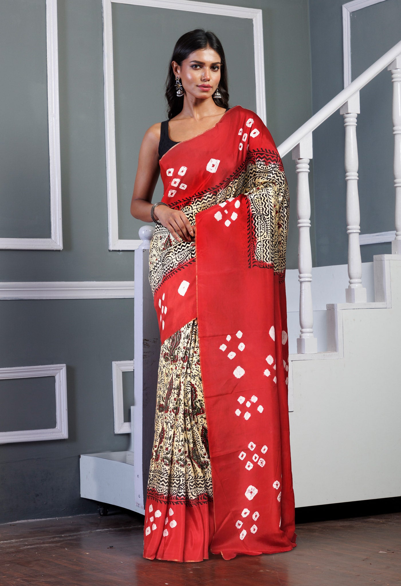 Ivory-Red Pure Dyed Block Printed Soft Silk Saree-UNM81699