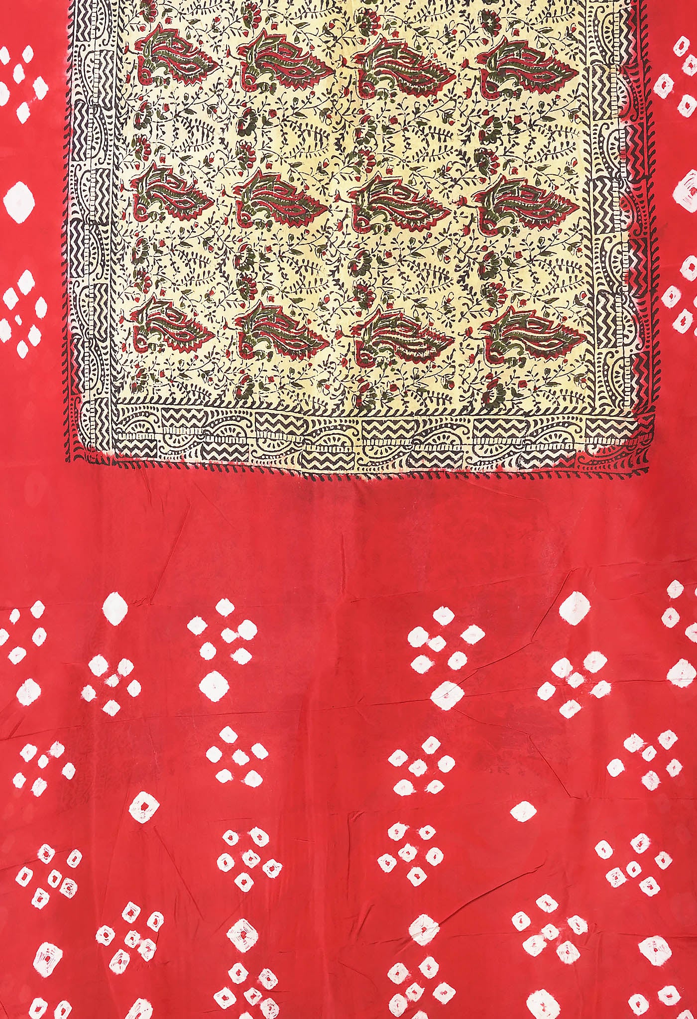 Ivory-Red Pure Dyed Block Printed Soft Silk Saree-UNM81699