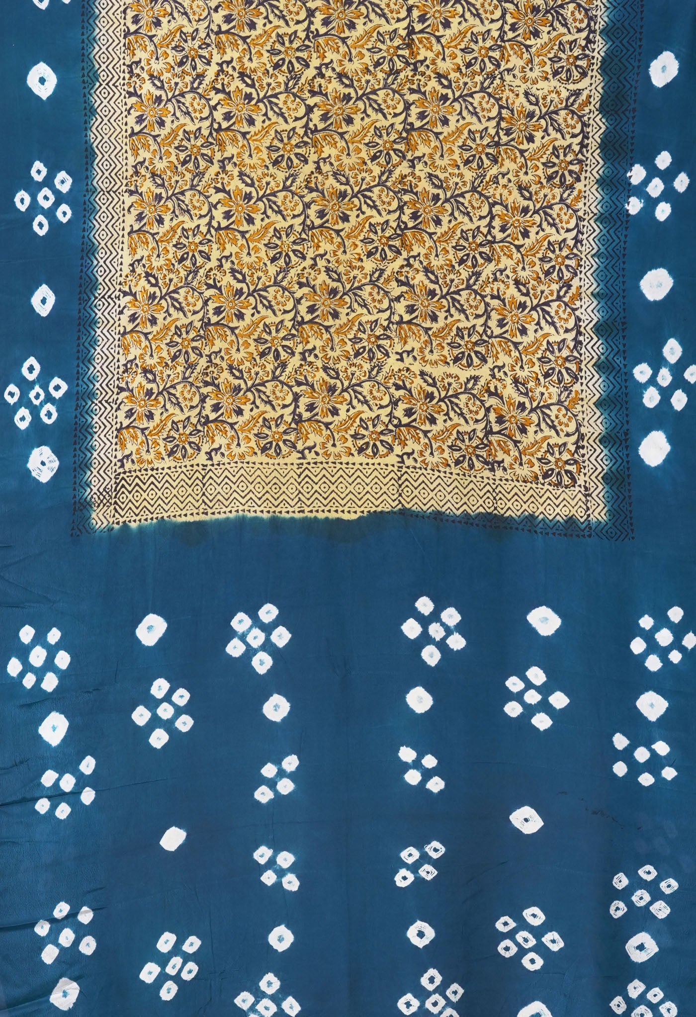 Ivory-Blue Pure Dyed Block Printed Georgette Soft Silk Saree-UNM81701