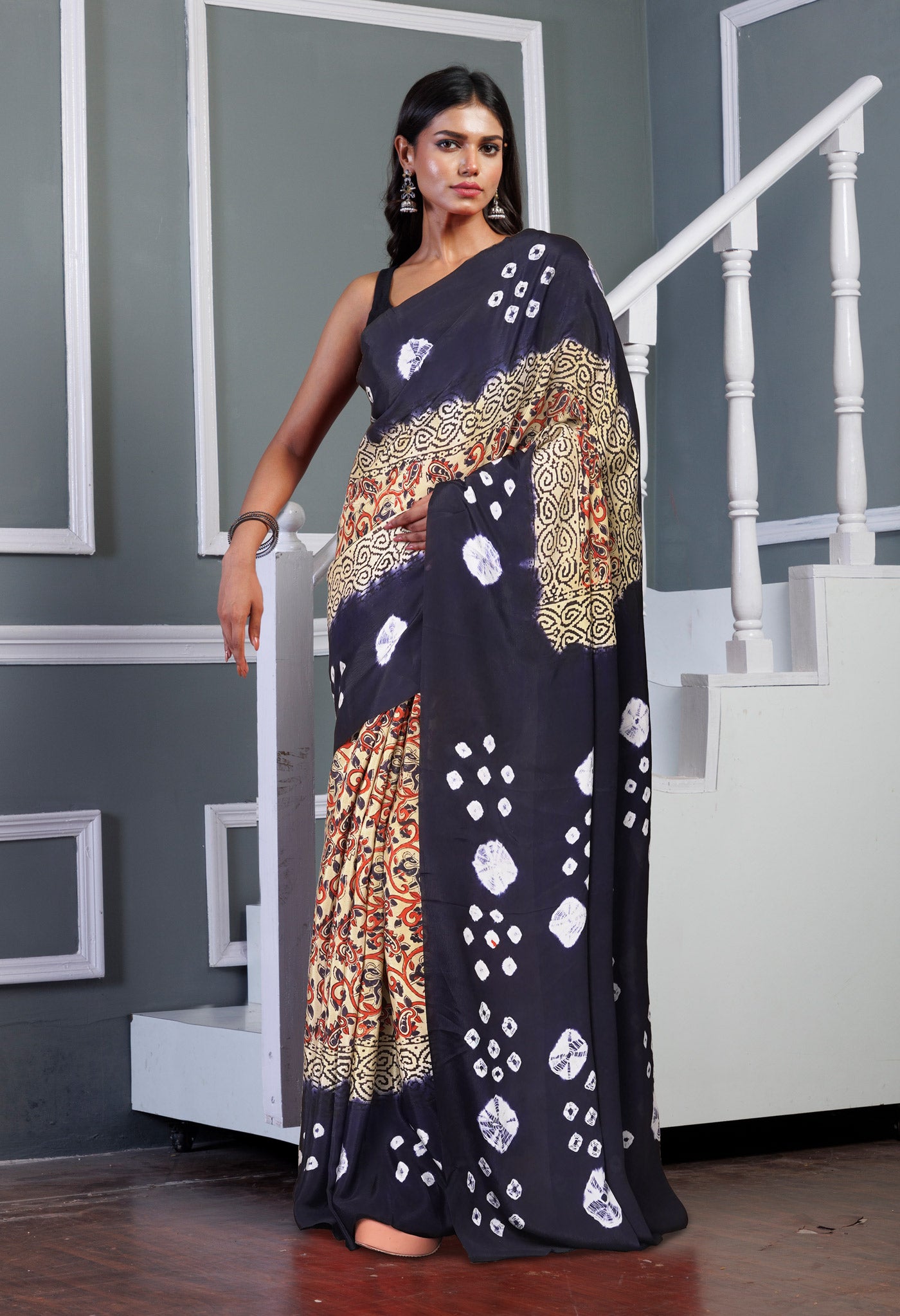 Ivory-Navy Blue Pure Dyed Block Printed Georgette Soft Silk Saree-UNM81702