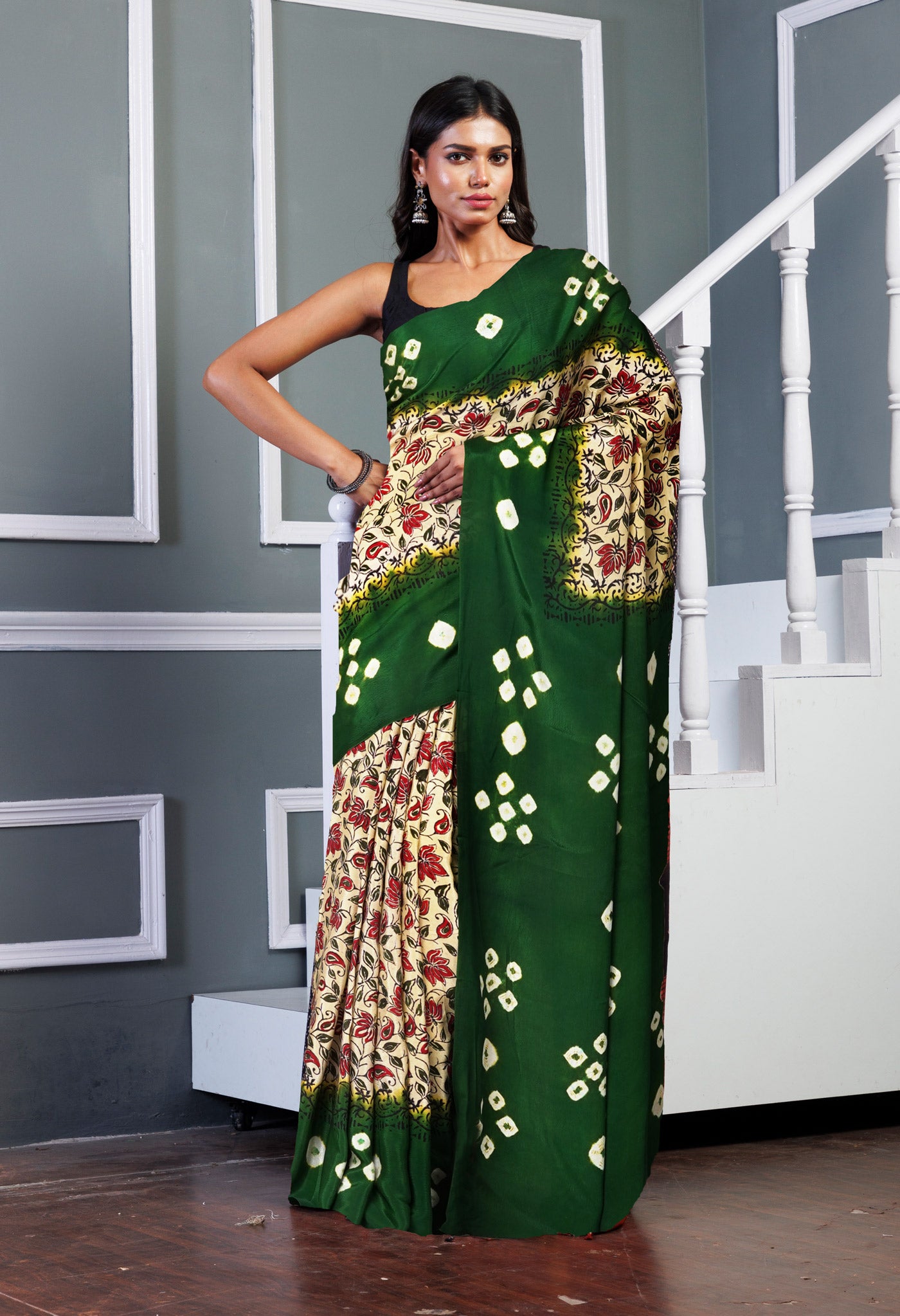 Ivory-Green Pure Dyed Block Printed Georgette Soft Silk Saree-UNM81703