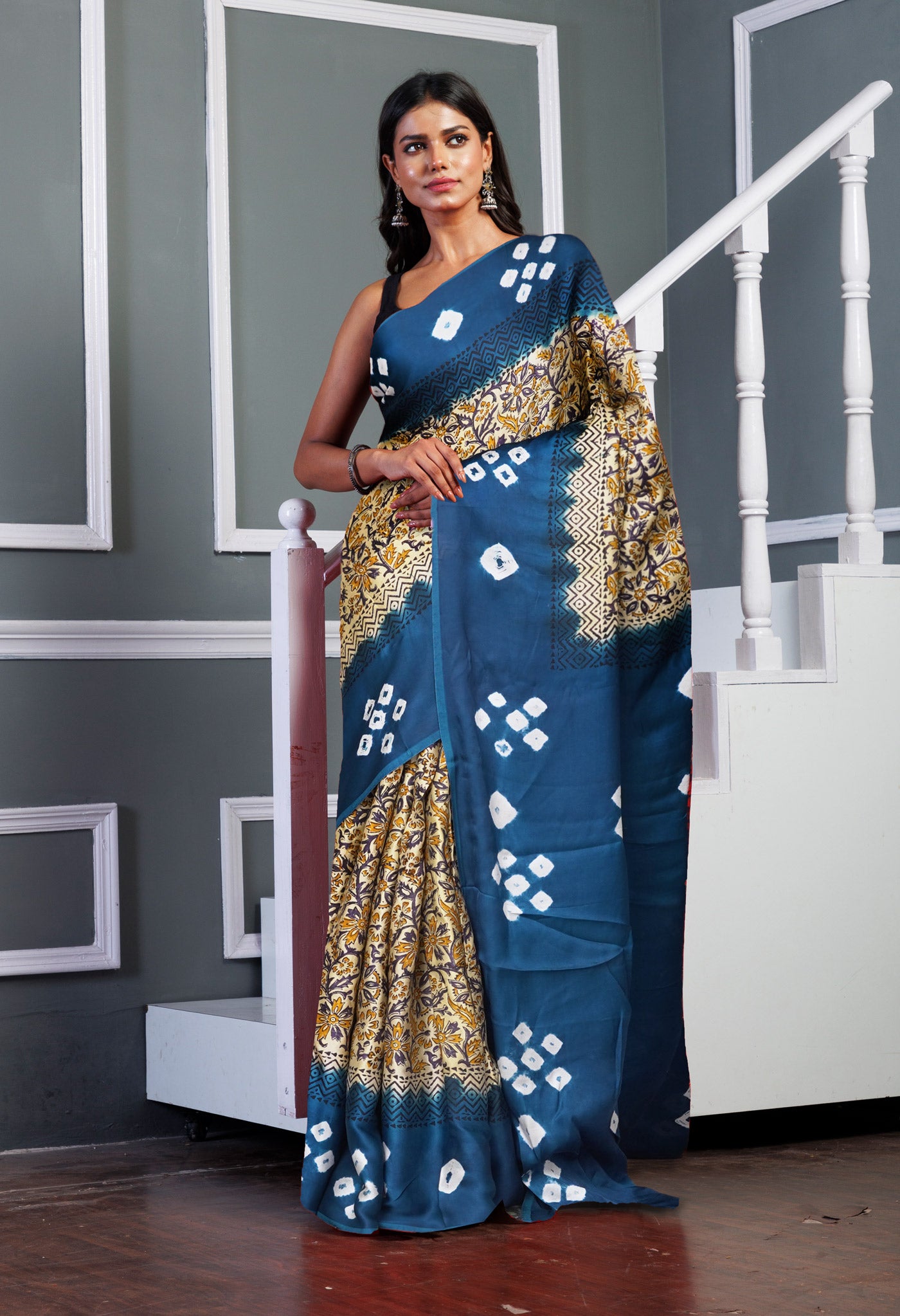 Ivory-Blue Pure Dyed Block Printed Soft Silk Saree-UNM81705