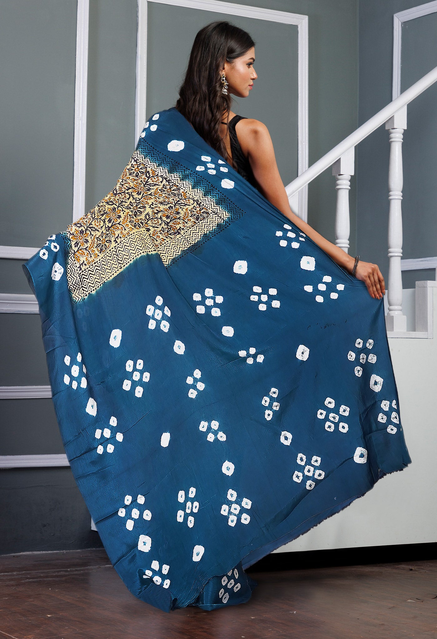 Ivory-Blue Pure Dyed Block Printed Soft Silk Saree-UNM81705