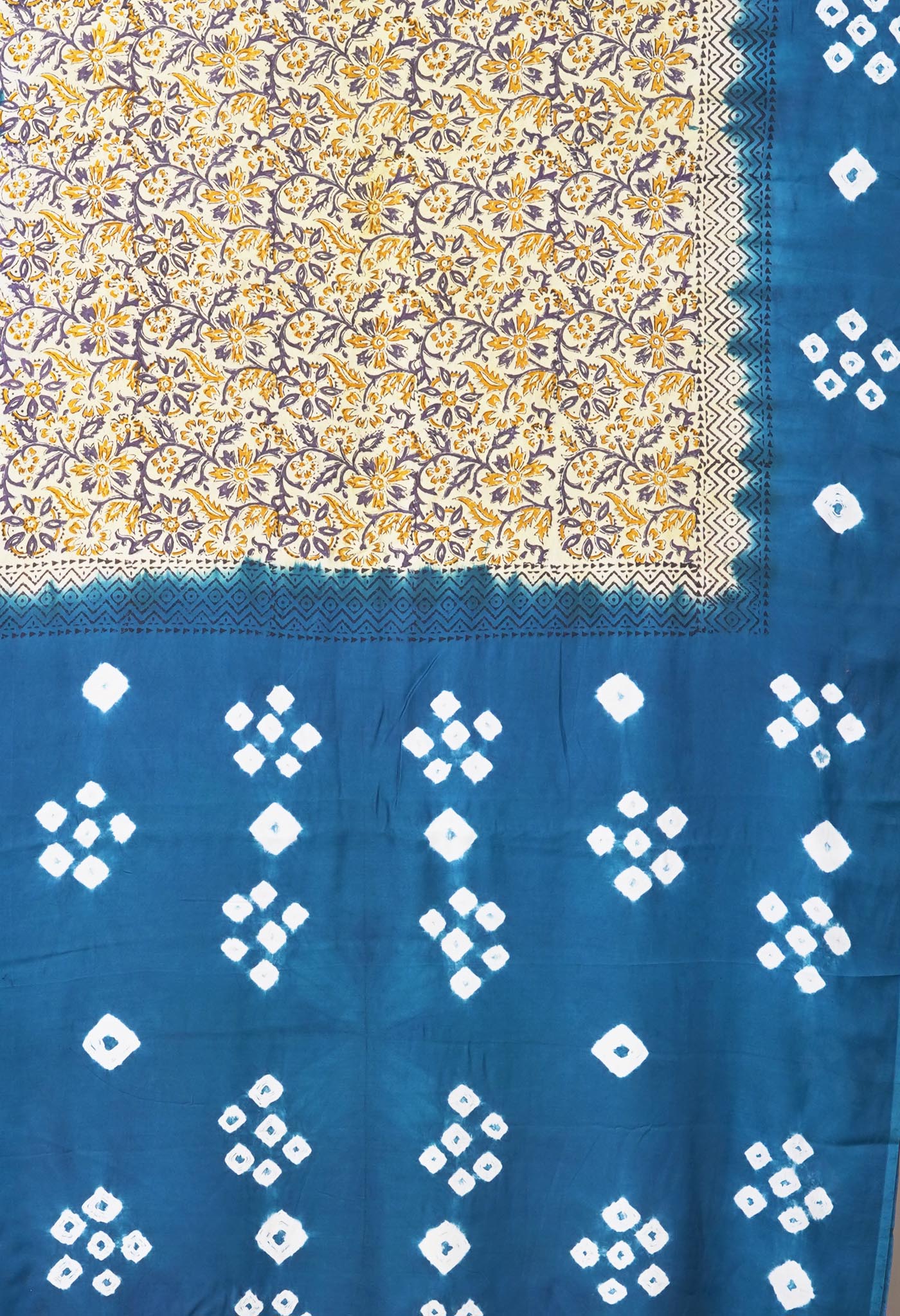 Ivory-Blue Pure Dyed Block Printed Soft Silk Saree-UNM81705