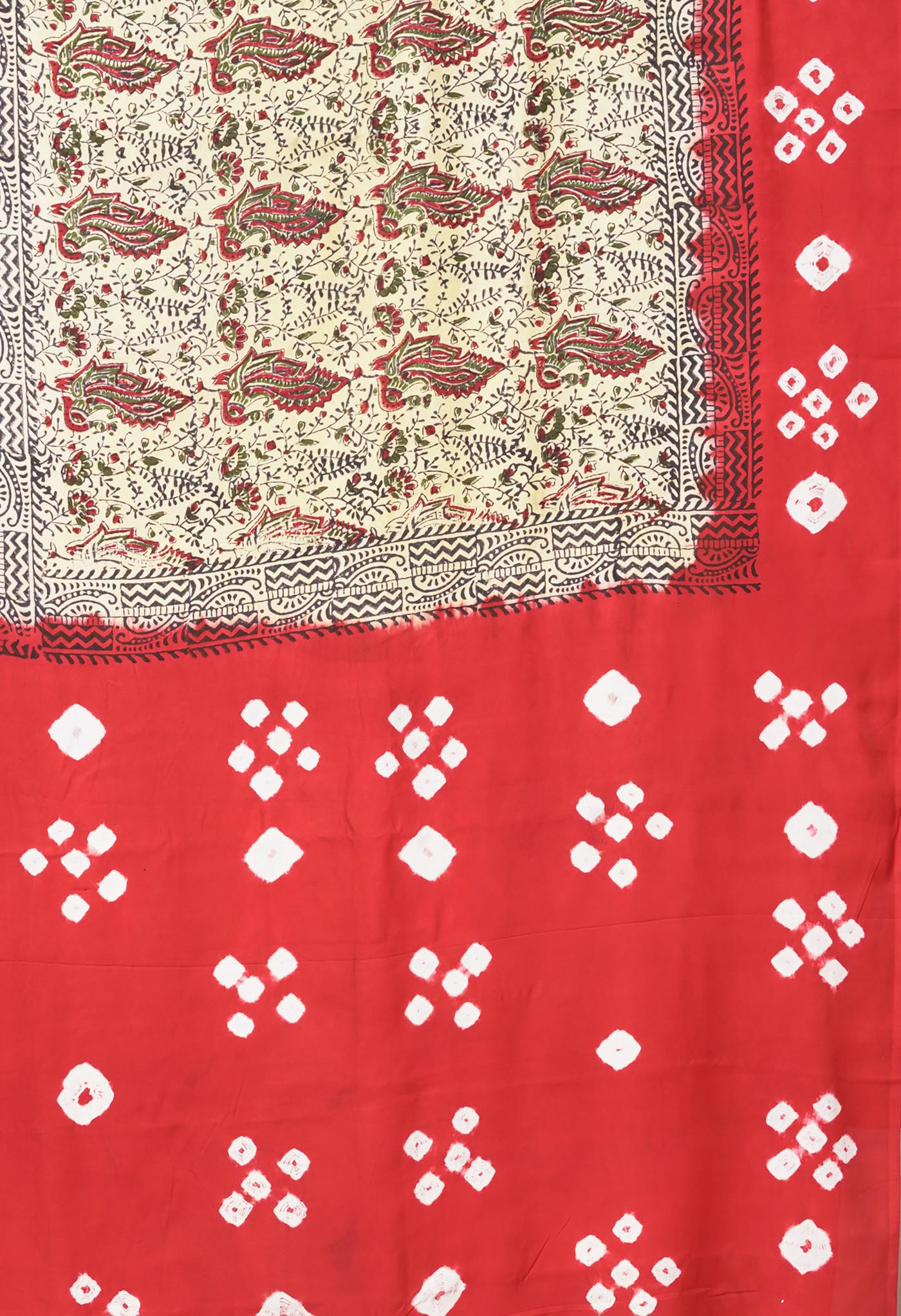 Ivory-Red Pure Dyed Block Printed Soft Silk Saree-UNM81707