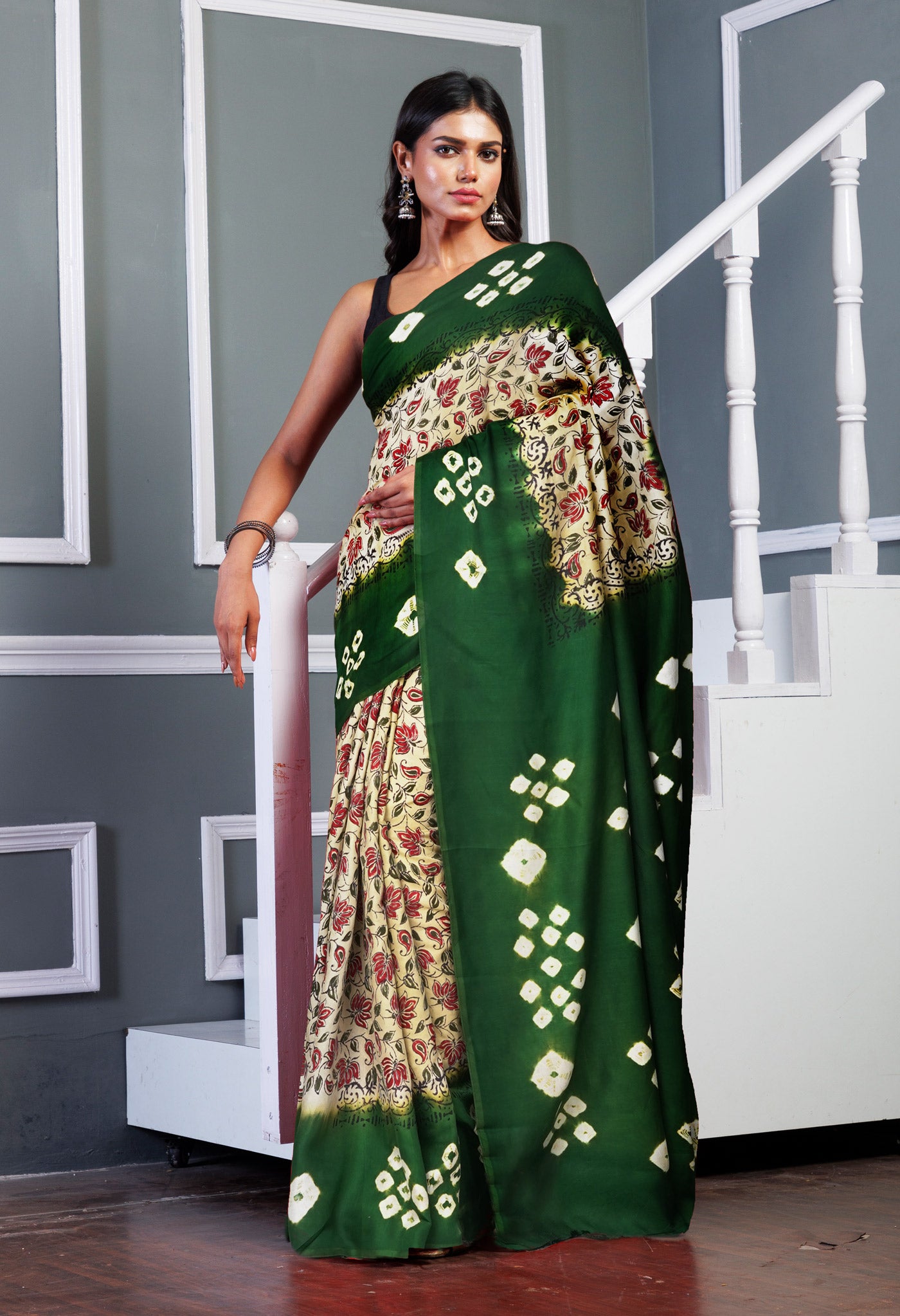 Ivory-Green Pure Dyed Block Printed Soft Silk Saree-UNM81708