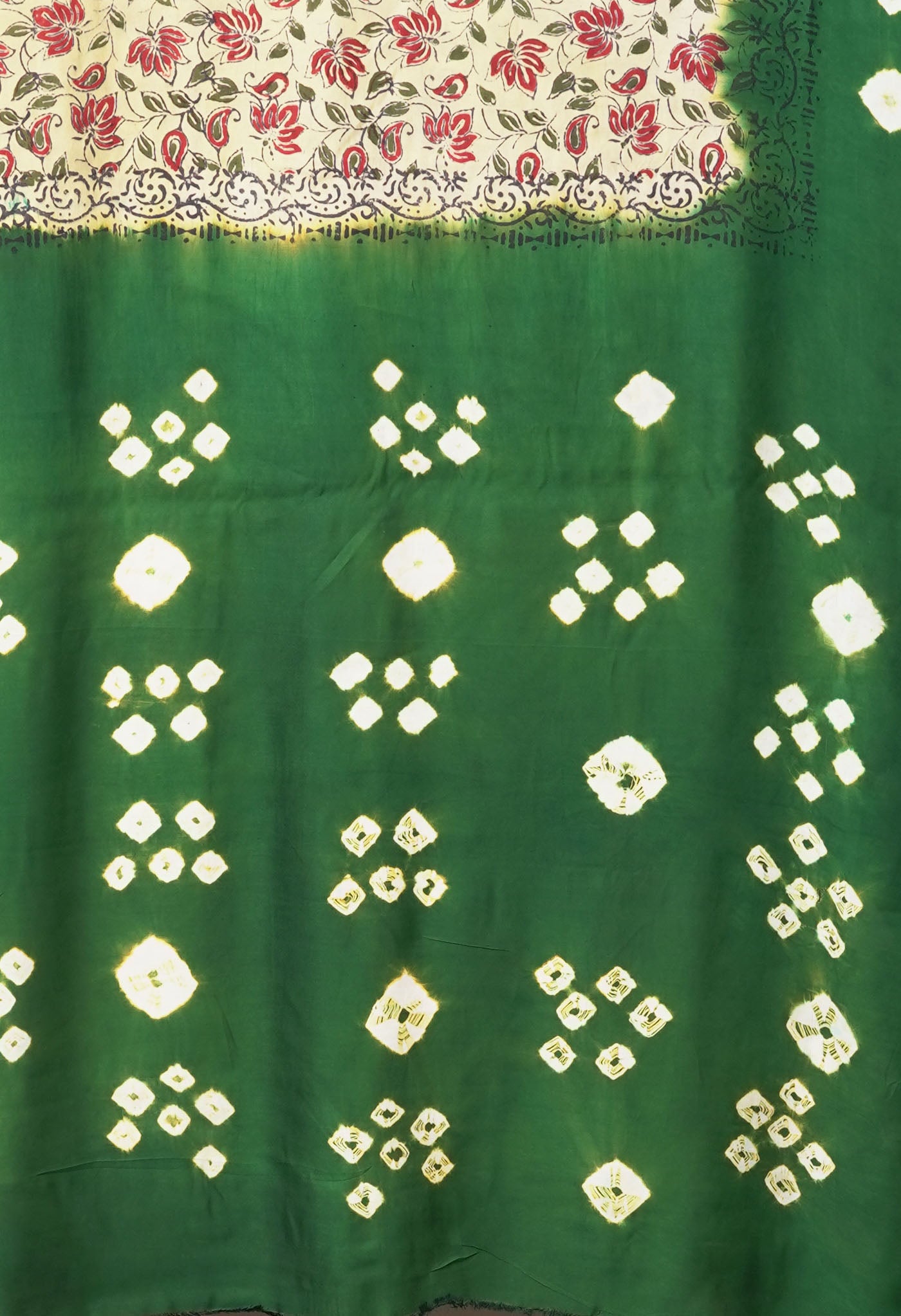 Ivory-Green Pure Dyed Block Printed Soft Silk Saree-UNM81708