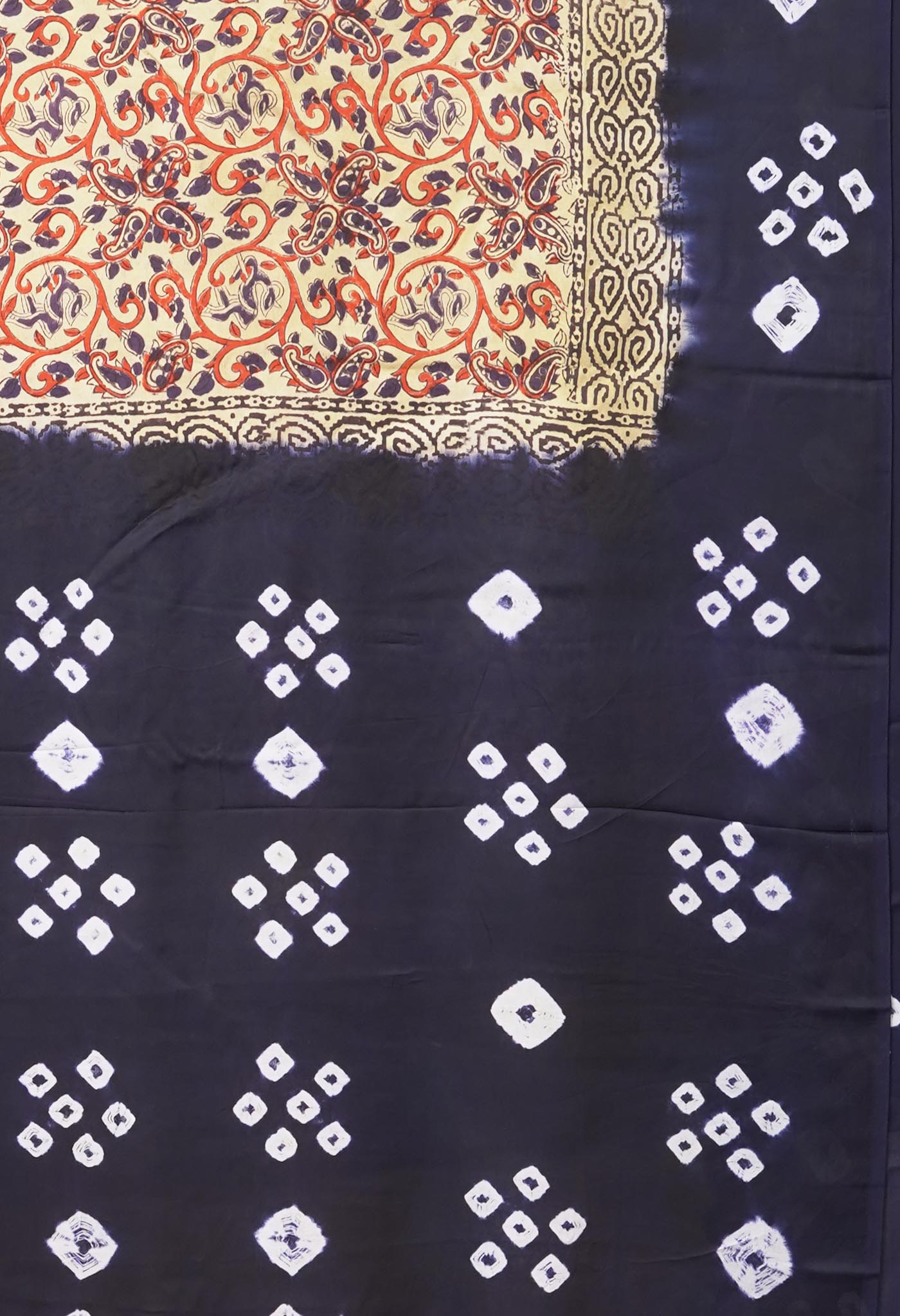 Ivory-Navy Blue Pure Dyed Block Printed Soft Silk Saree-UNM81709