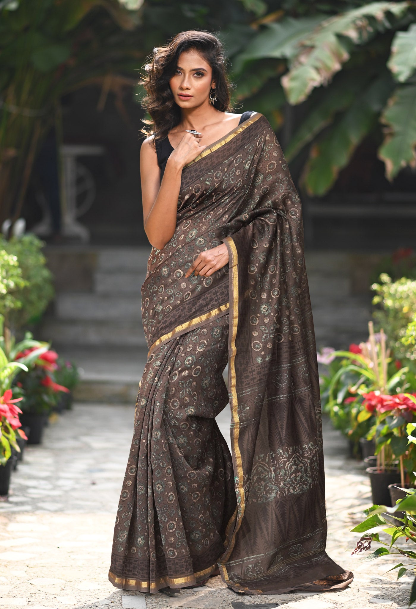 Brown Pure Vanaspathi Block Printed Chanderi Sico Saree-UNM81710