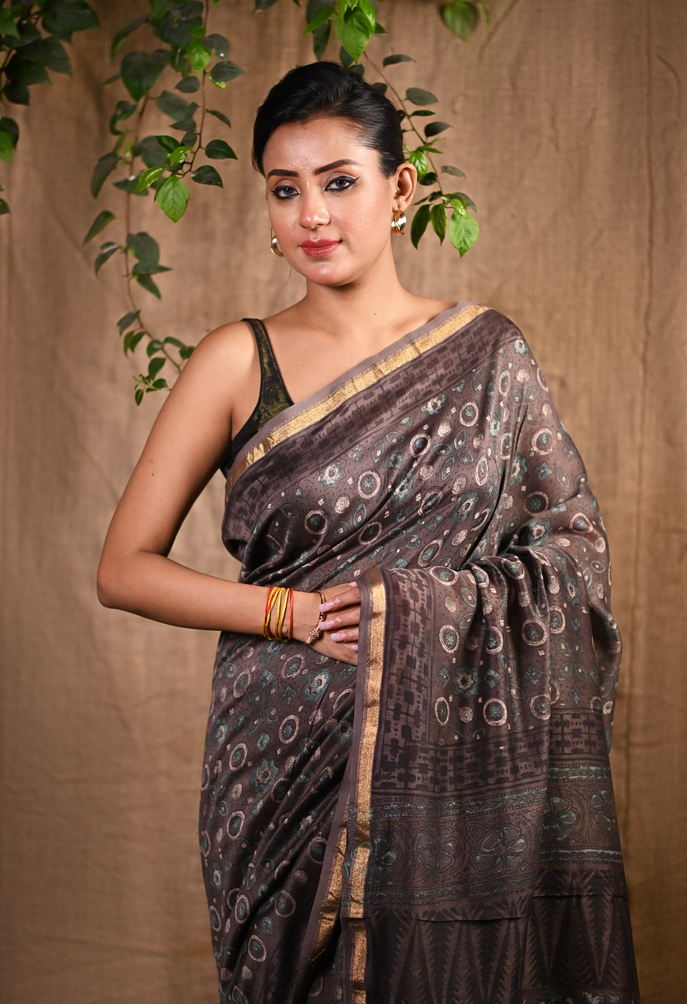 Brown Pure Vanaspathi Block Printed Chanderi Sico Saree-UNM81710