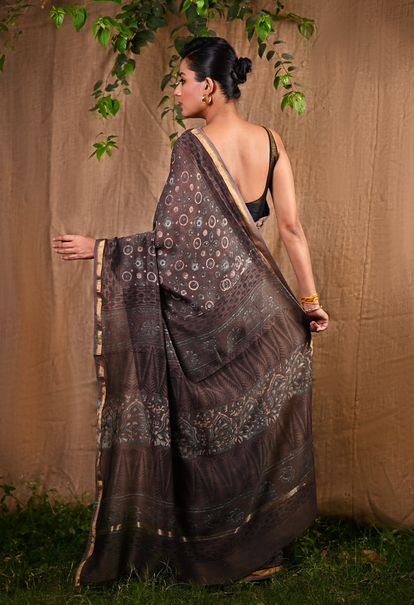 Brown Pure Vanaspathi Block Printed Chanderi Sico Saree-UNM81710