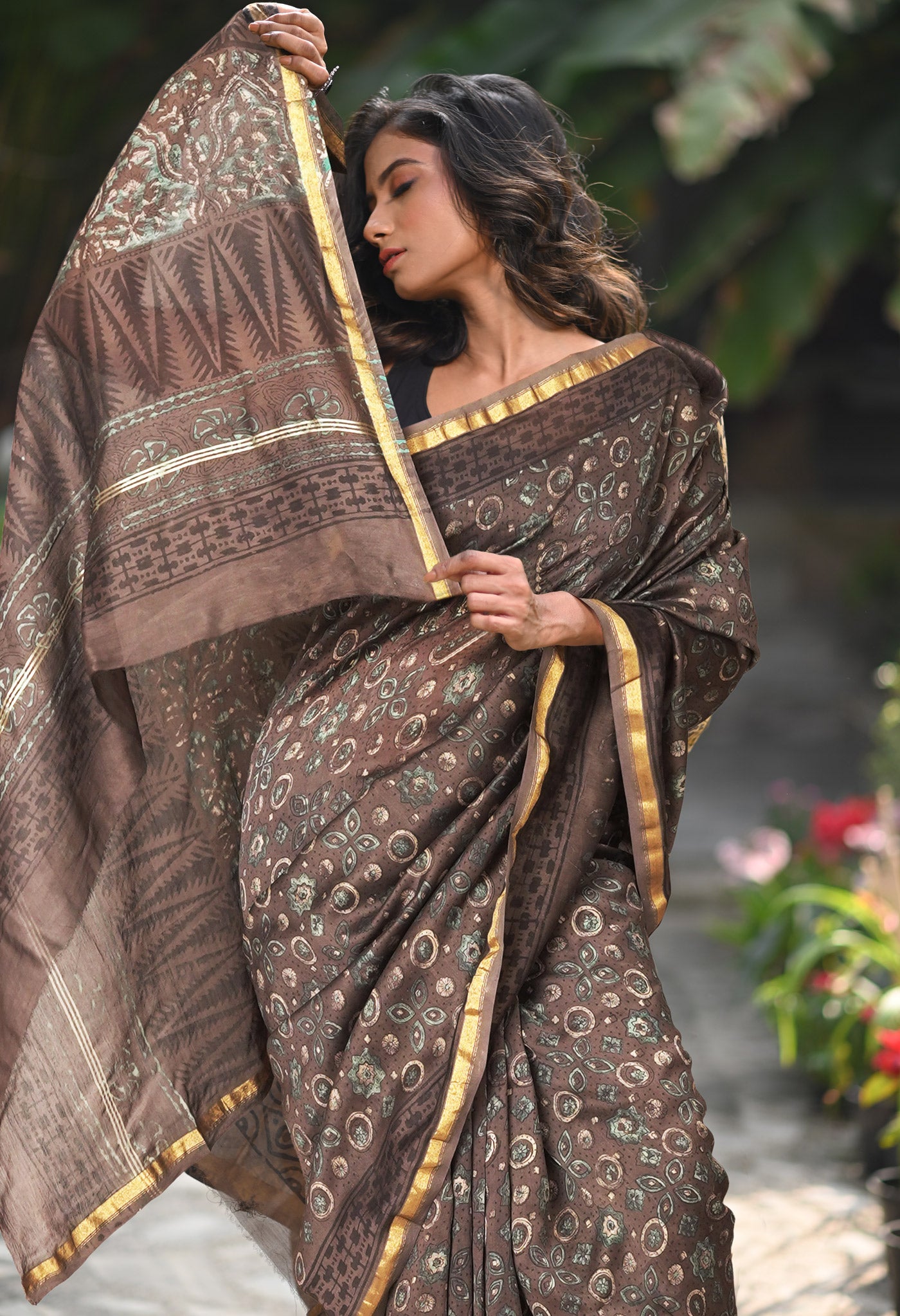 Brown Pure Vanaspathi Block Printed Chanderi Sico Saree-UNM81710