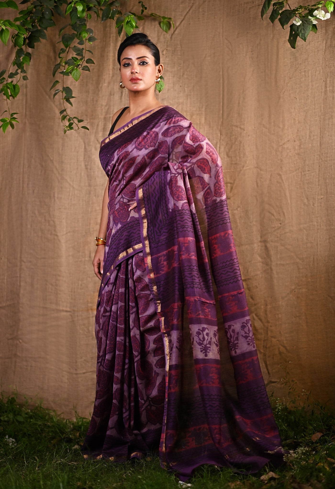 Violet Pure Vanaspathi Block Printed Chanderi Sico Saree-UNM81711