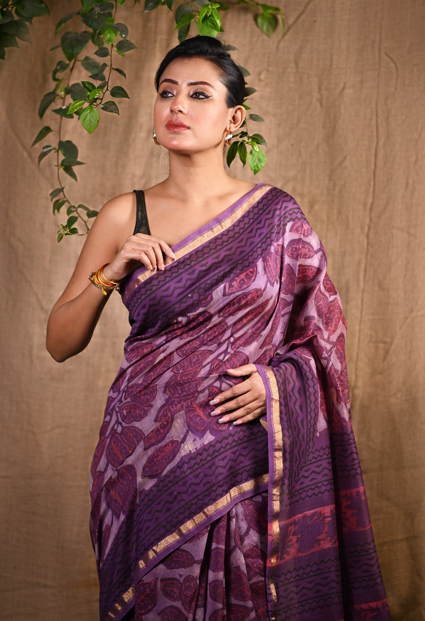 Violet Pure Vanaspathi Block Printed Chanderi Sico Saree-UNM81711