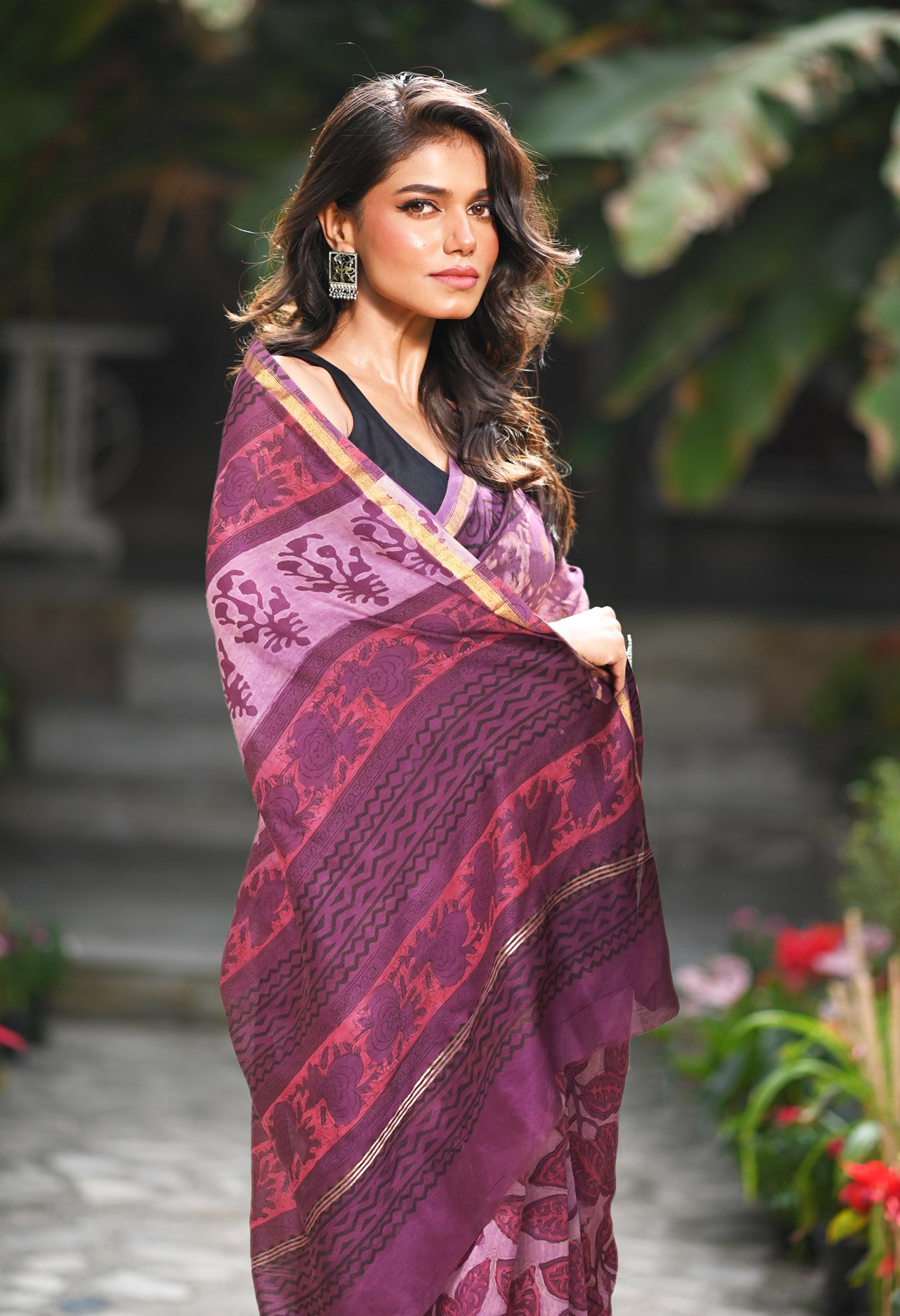 Violet Pure Vanaspathi Block Printed Chanderi Sico Saree-UNM81711