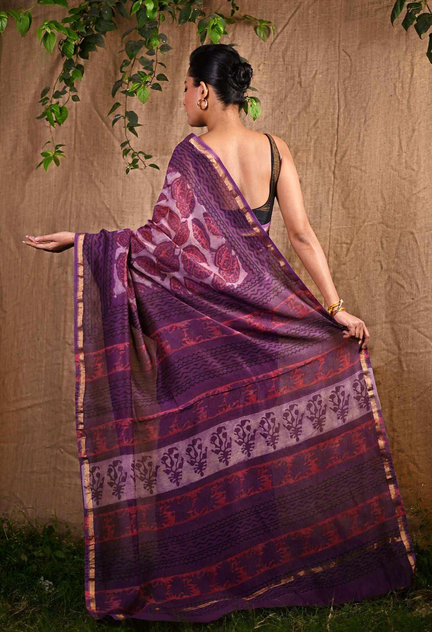 Violet Pure Vanaspathi Block Printed Chanderi Sico Saree-UNM81711