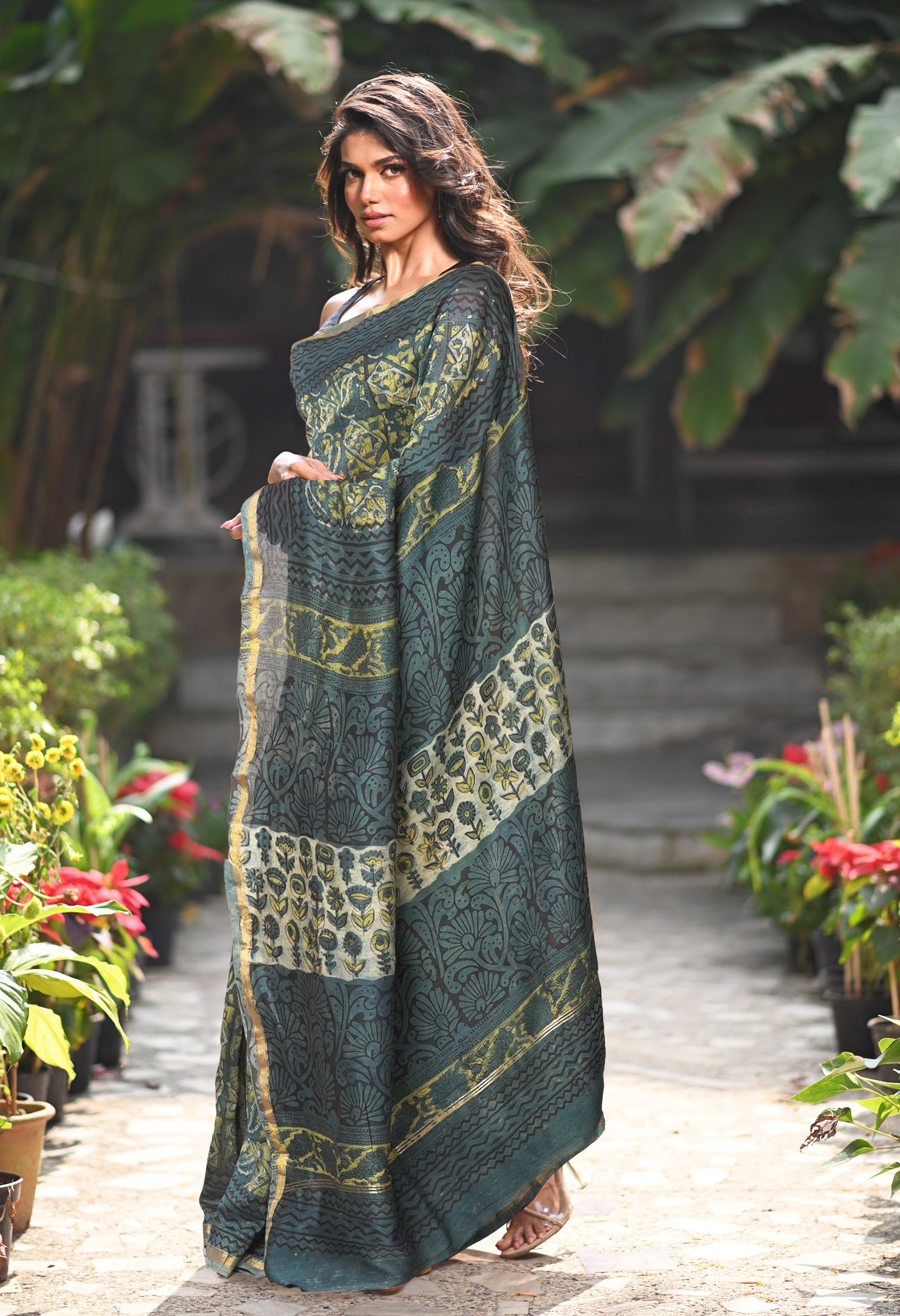 Blue Pure Vanaspathi Block Printed Chanderi Sico Saree-UNM81712