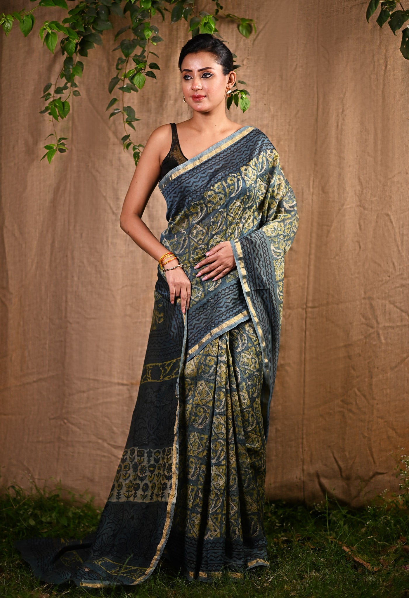 Blue Pure Vanaspathi Block Printed Chanderi Sico Saree-UNM81712