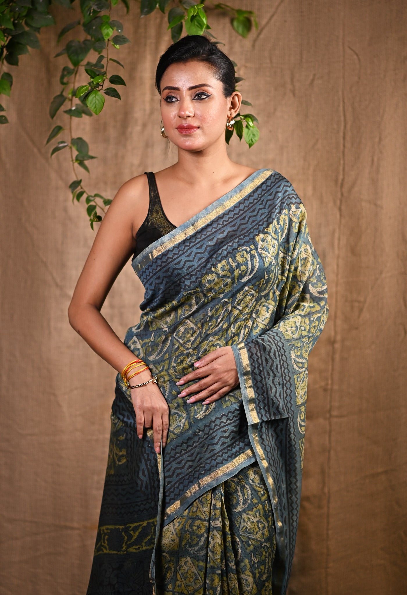 Blue Pure Vanaspathi Block Printed Chanderi Sico Saree-UNM81712