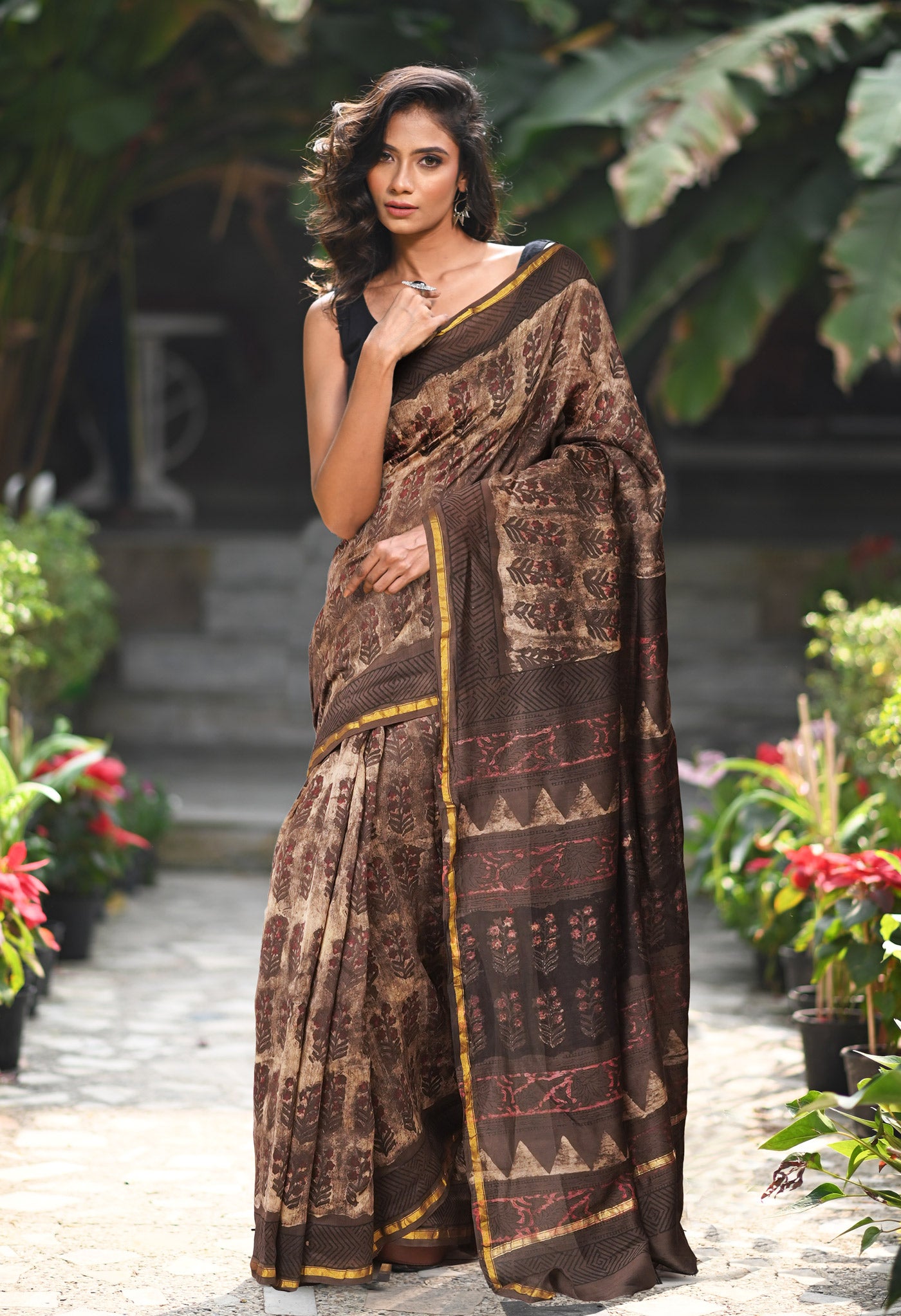 Brown Pure Vanaspathi Block Printed Chanderi Sico Saree-UNM81713