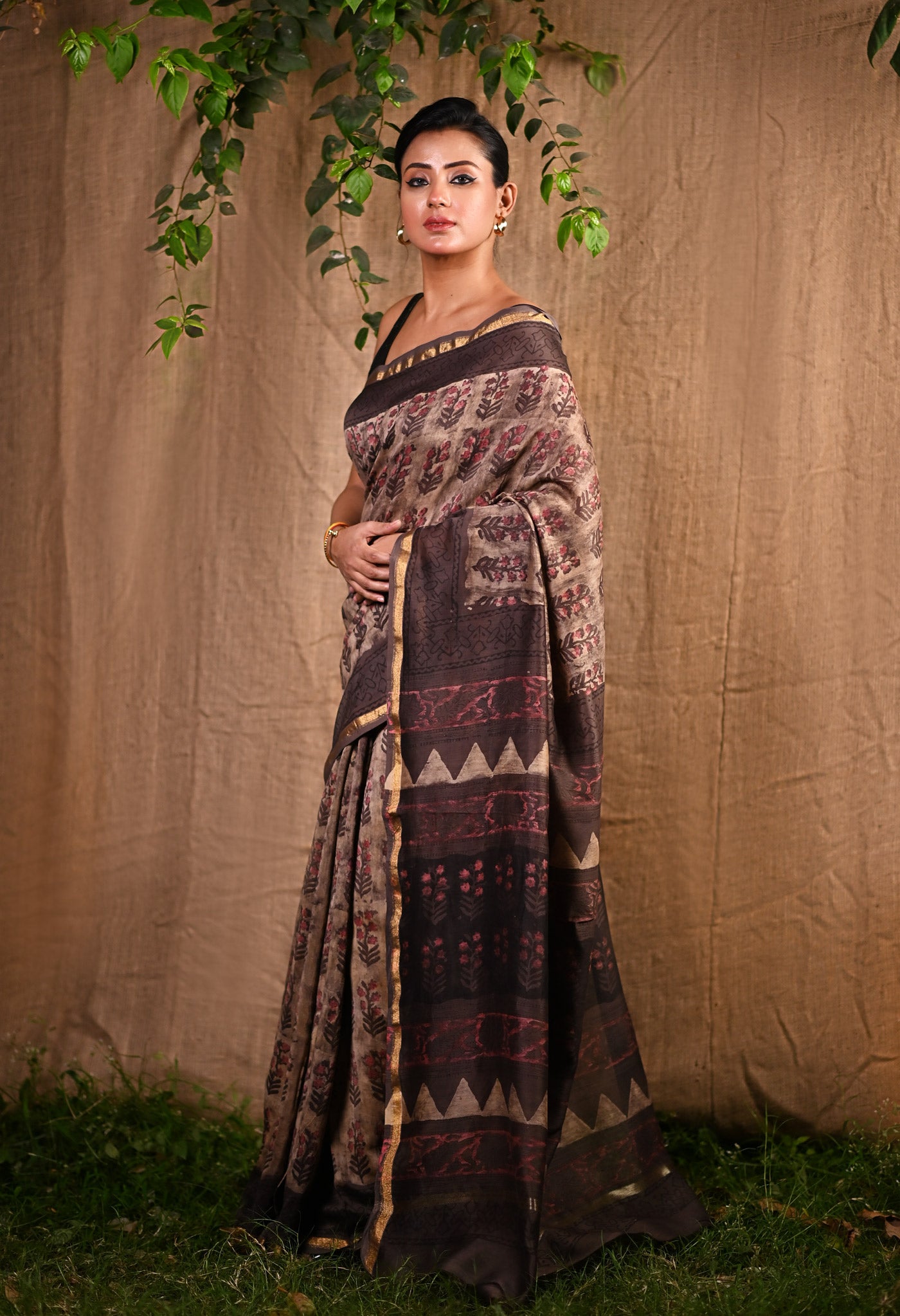 Brown Pure Vanaspathi Block Printed Chanderi Sico Saree-UNM81713