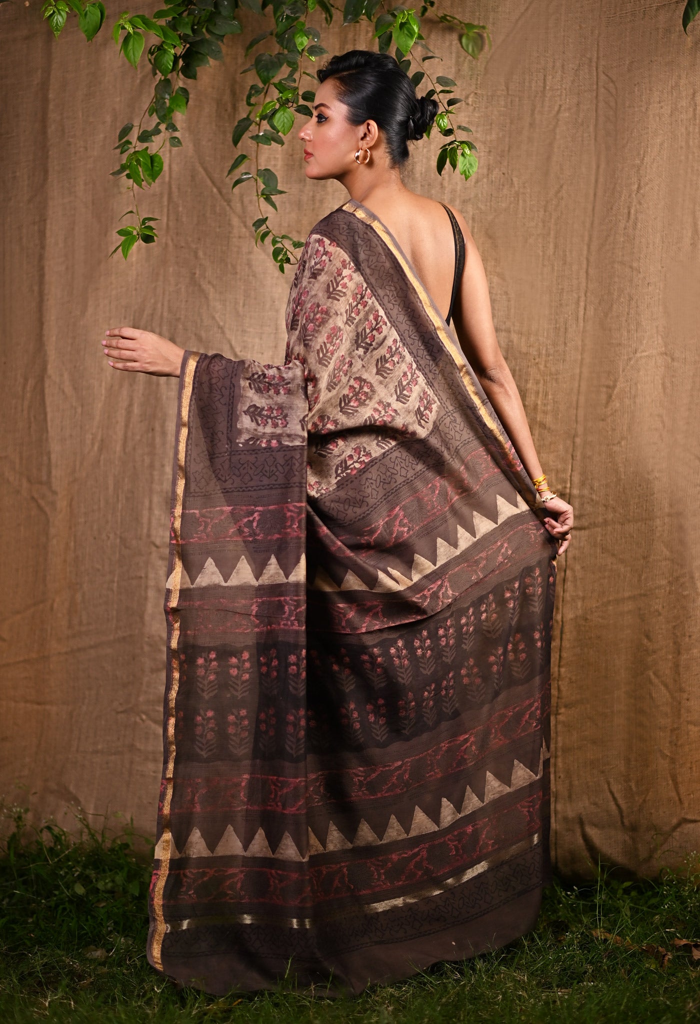 Brown Pure Vanaspathi Block Printed Chanderi Sico Saree-UNM81713