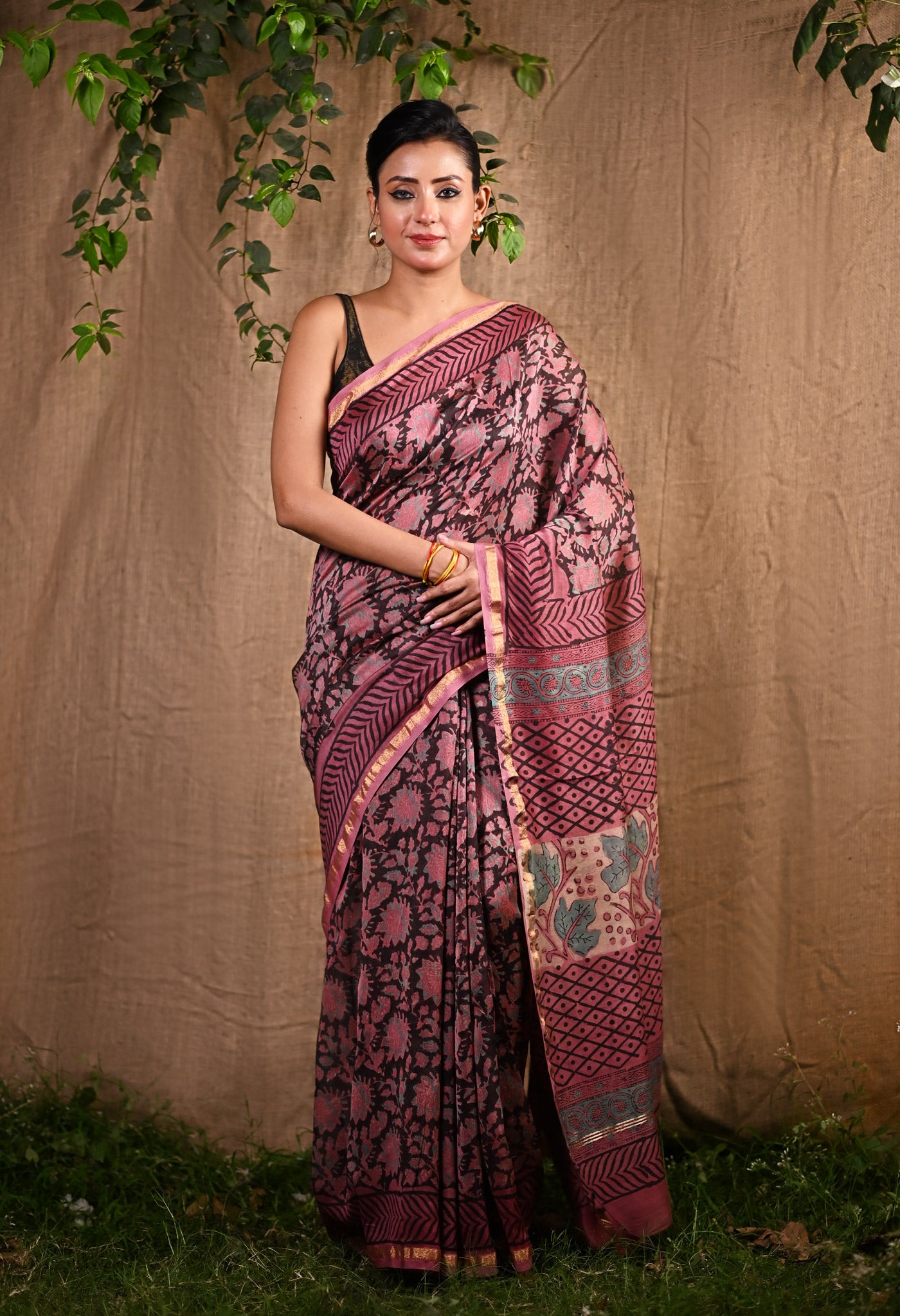 Pink Pure Vanaspathi Block Printed Chanderi Sico Saree-UNM81714