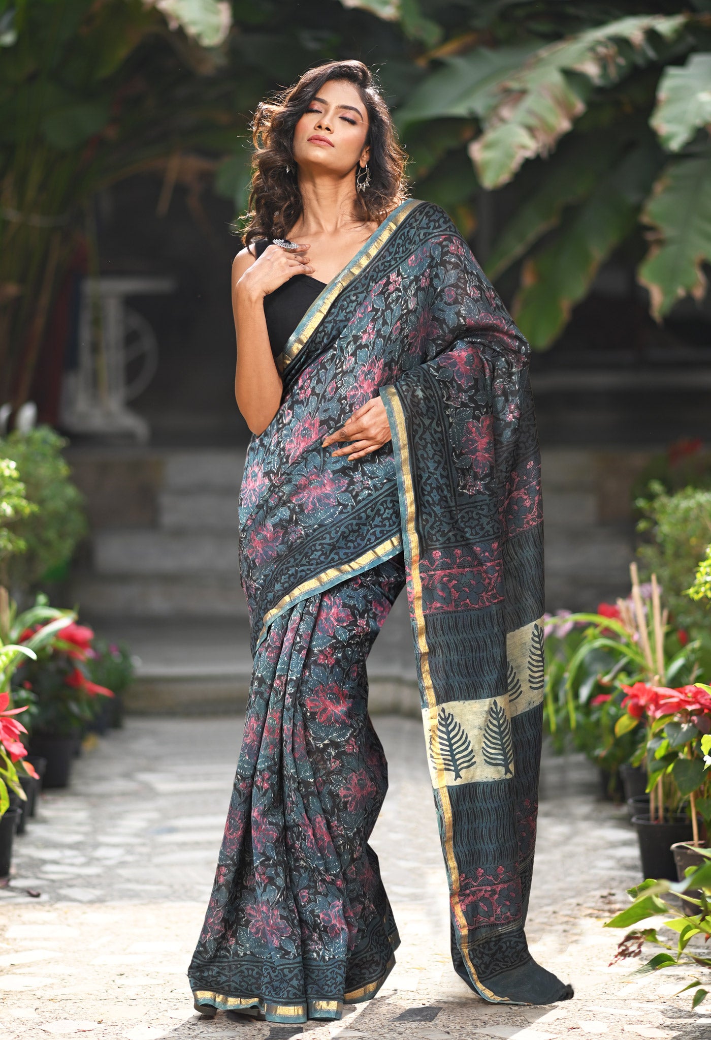 Blue Pure Vanaspathi Block Printed Chanderi Sico Saree-UNM81715