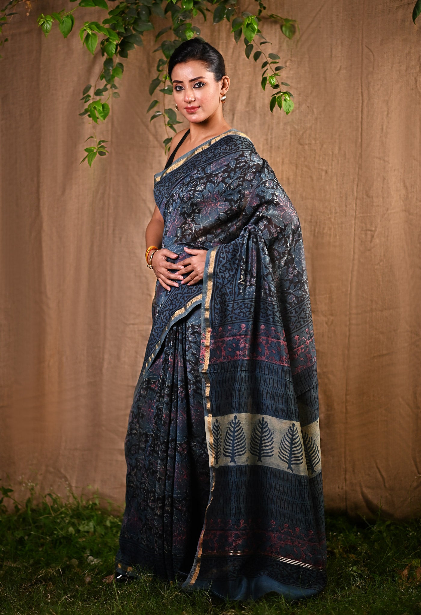 Blue Pure Vanaspathi Block Printed Chanderi Sico Saree-UNM81715