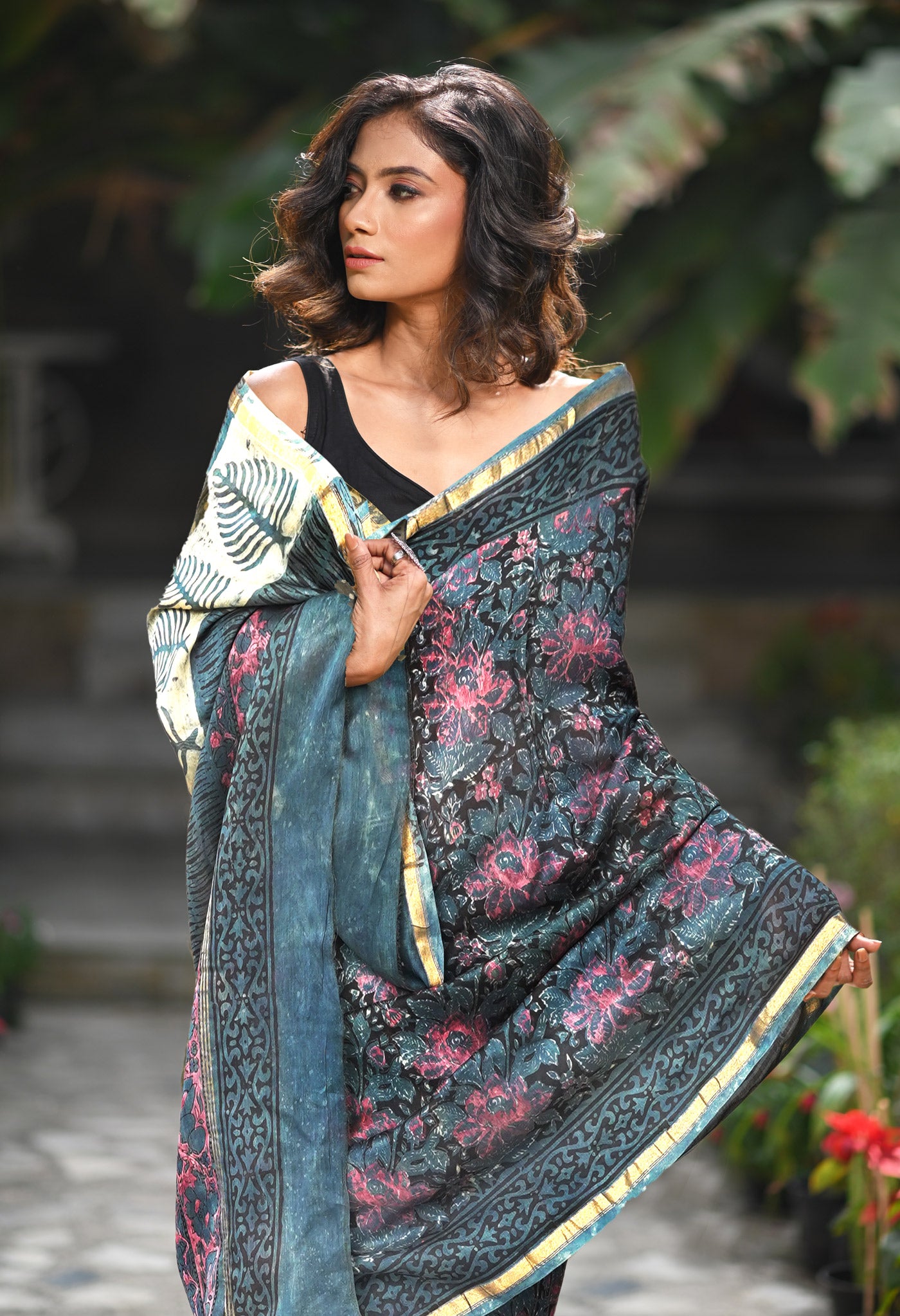 Blue Pure Vanaspathi Block Printed Chanderi Sico Saree-UNM81715