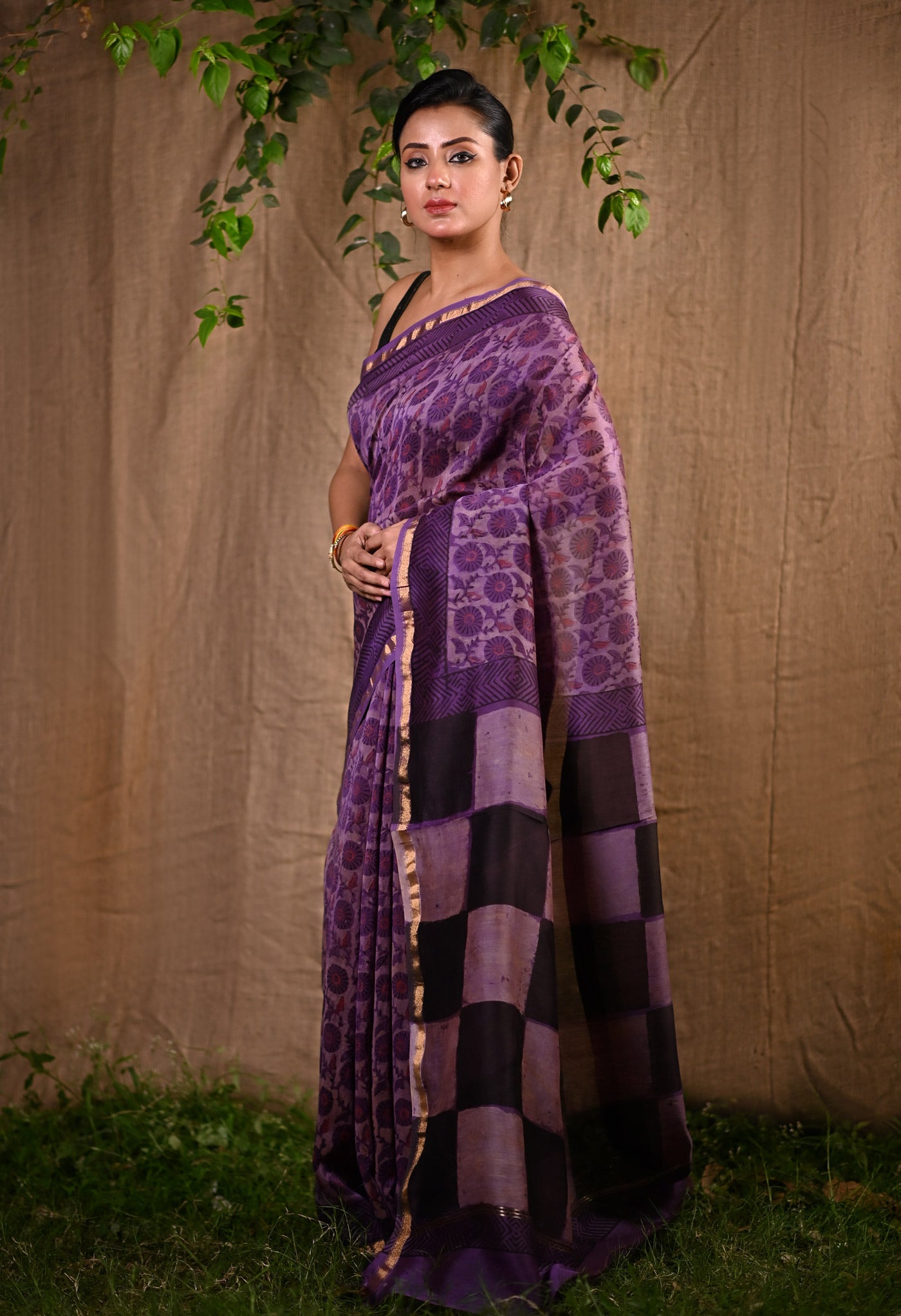 Violet Pure Vanaspathi Block Printed Chanderi Sico Saree-UNM81716