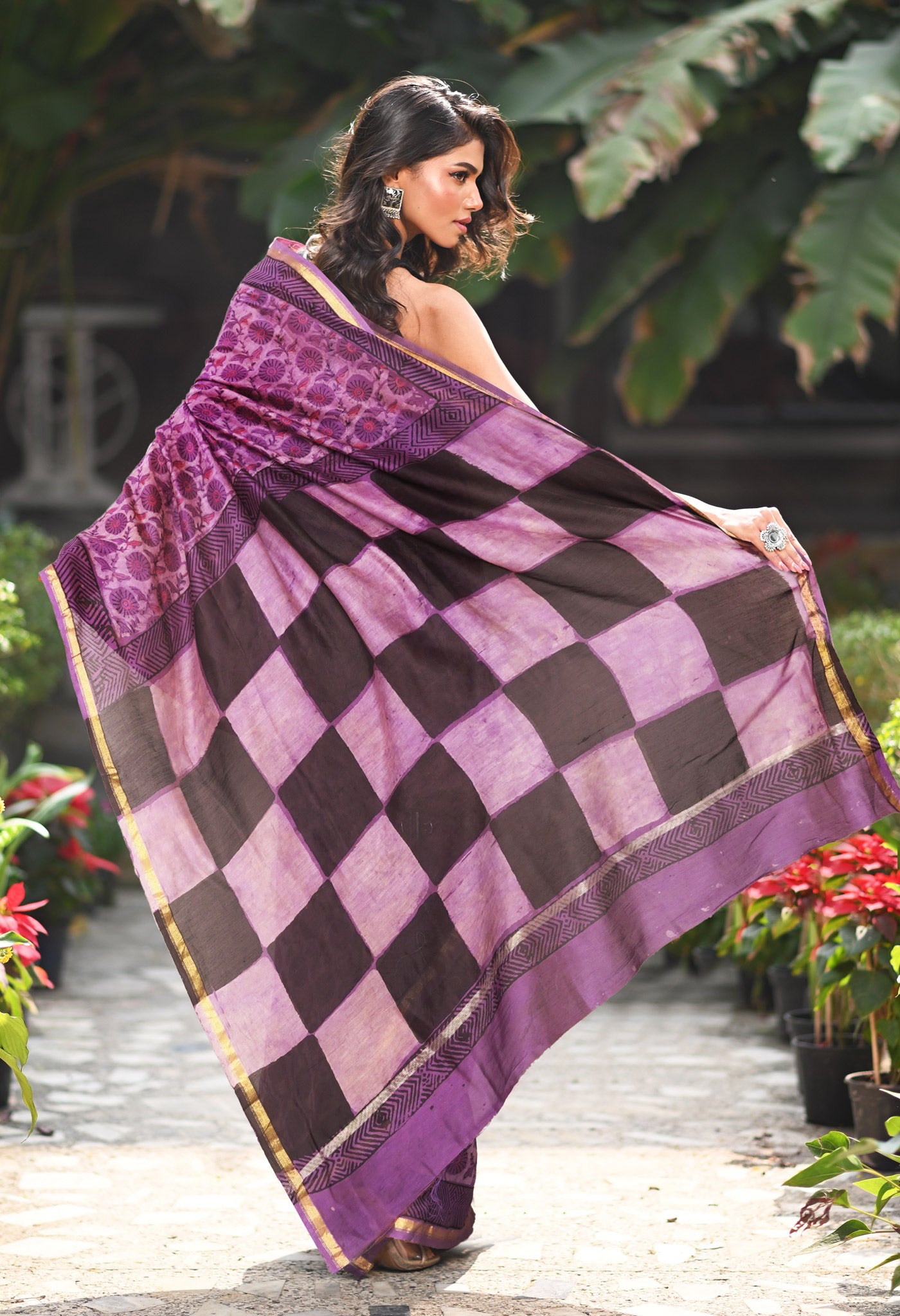 Violet Pure Vanaspathi Block Printed Chanderi Sico Saree-UNM81716