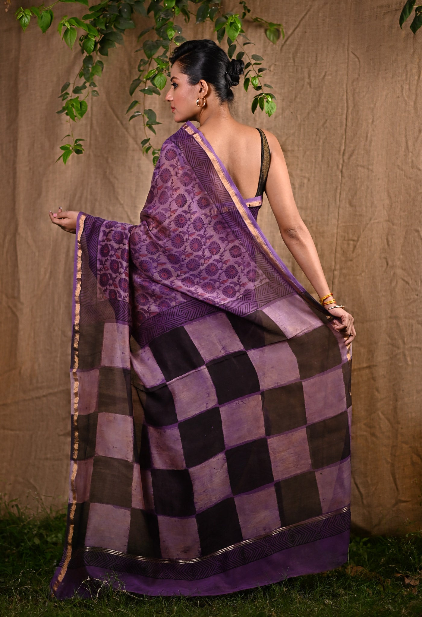 Violet Pure Vanaspathi Block Printed Chanderi Sico Saree-UNM81716