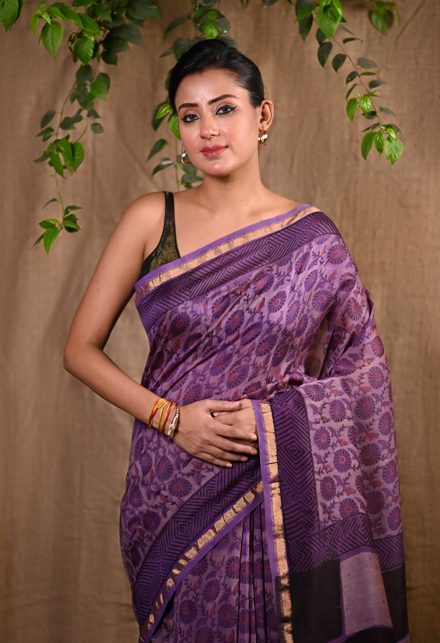 Violet Pure Vanaspathi Block Printed Chanderi Sico Saree-UNM81716