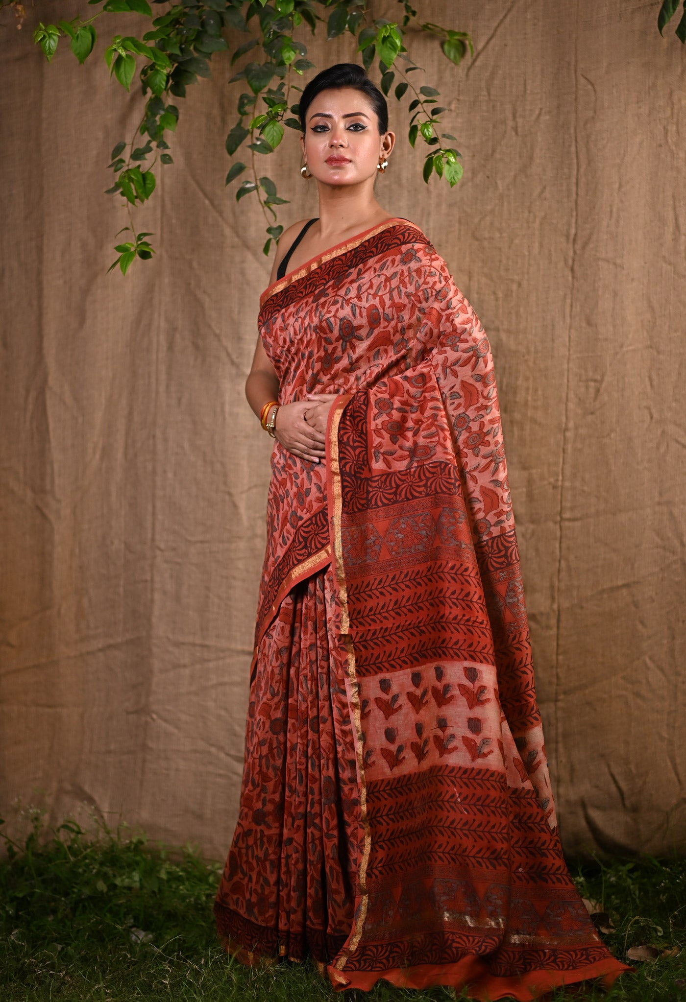 Orange Pure Vanaspathi Block Printed Chanderi Sico Saree-UNM81717