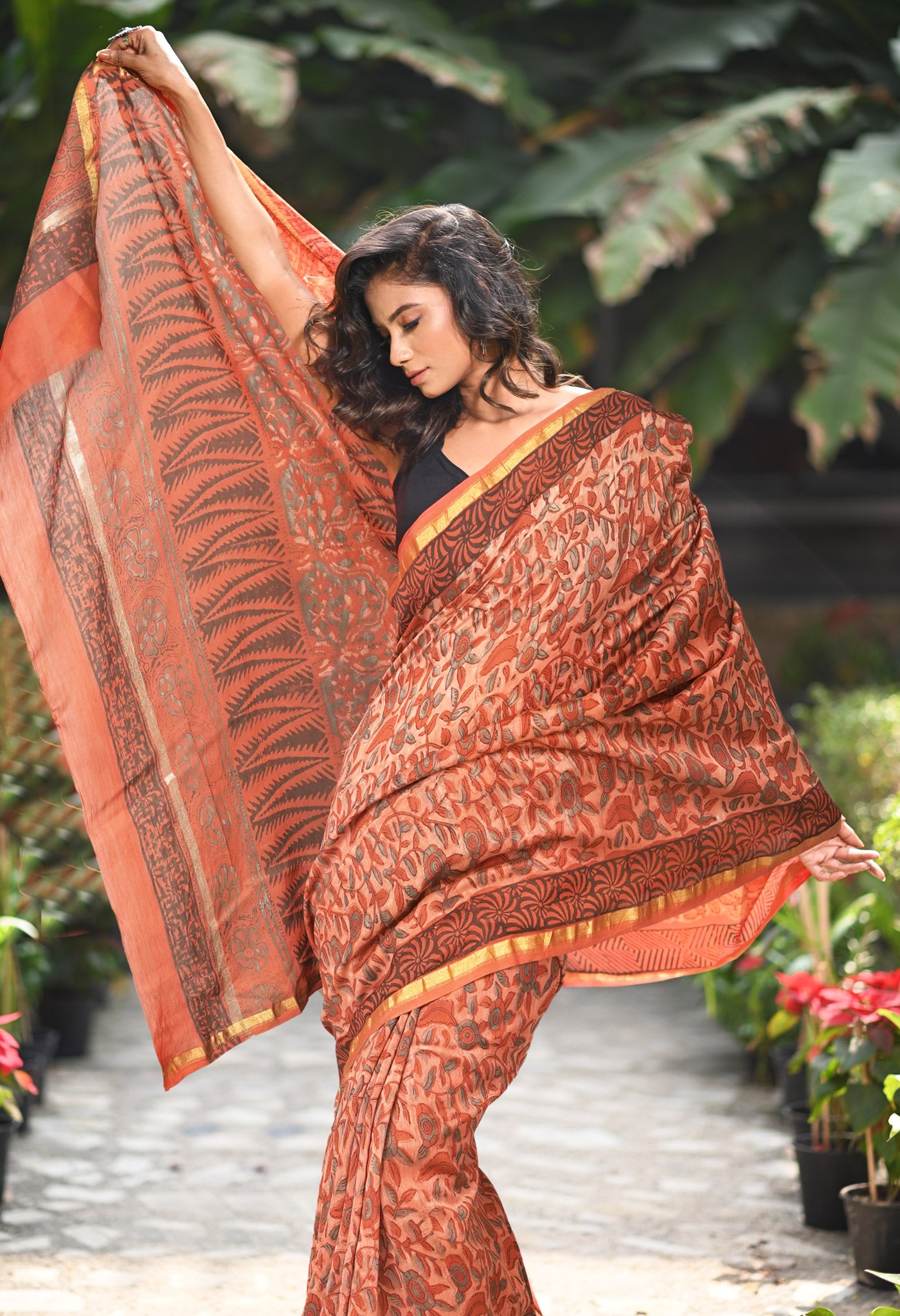 Orange Pure Vanaspathi Block Printed Chanderi Sico Saree-UNM81717