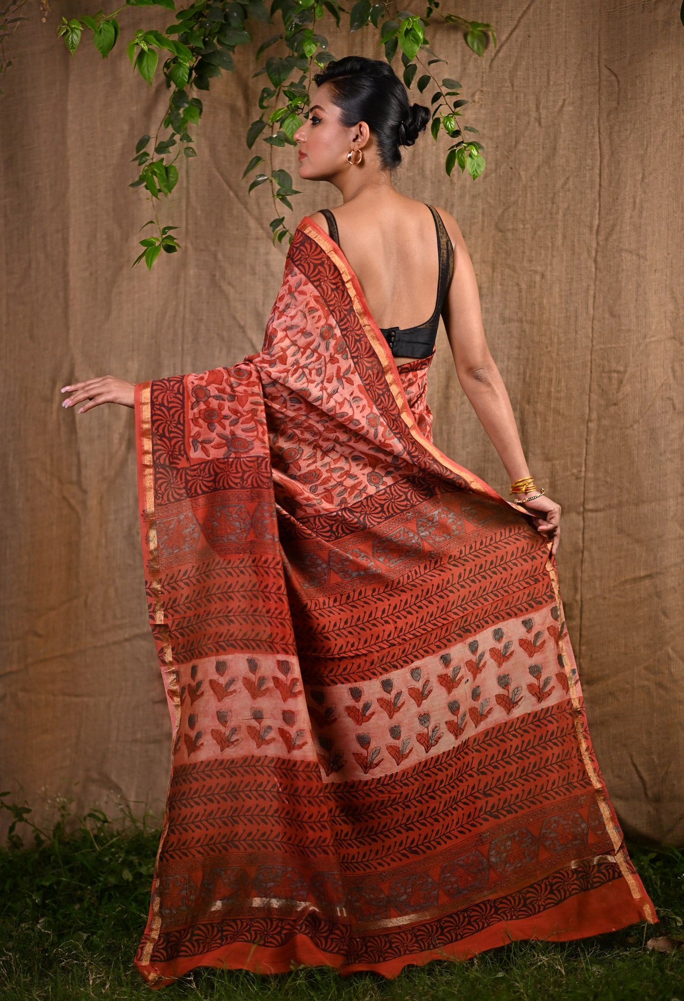 Orange Pure Vanaspathi Block Printed Chanderi Sico Saree-UNM81717