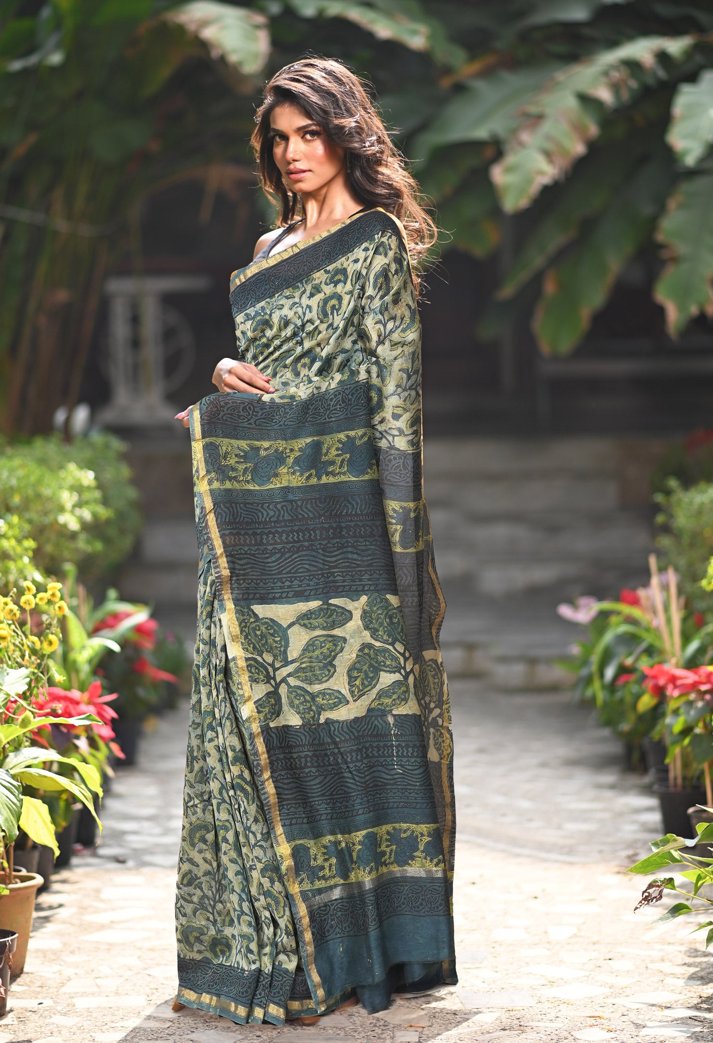 Blue Pure Vanaspathi Block Printed Chanderi Sico Saree-UNM81718