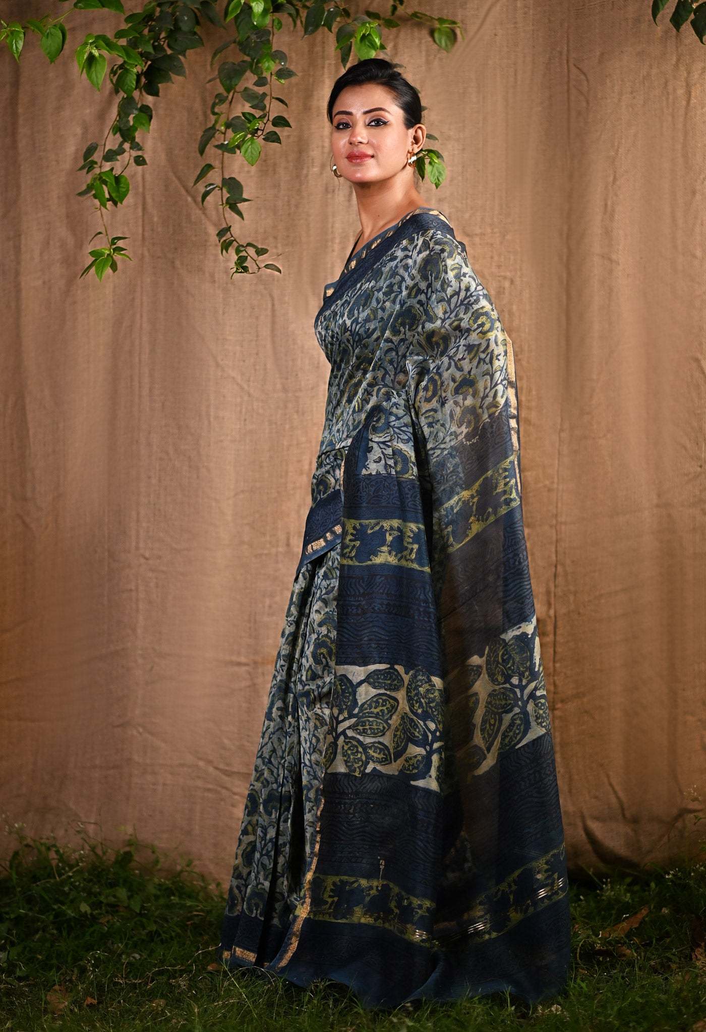 Blue Pure Vanaspathi Block Printed Chanderi Sico Saree-UNM81718