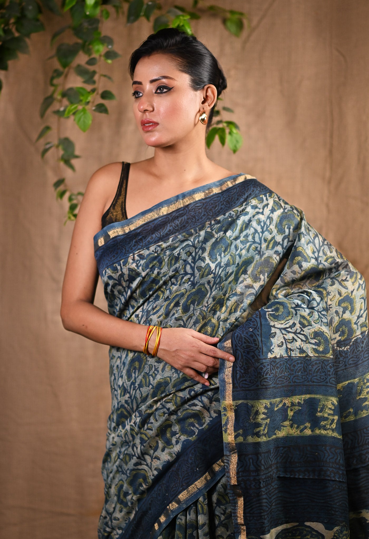 Blue Pure Vanaspathi Block Printed Chanderi Sico Saree-UNM81718