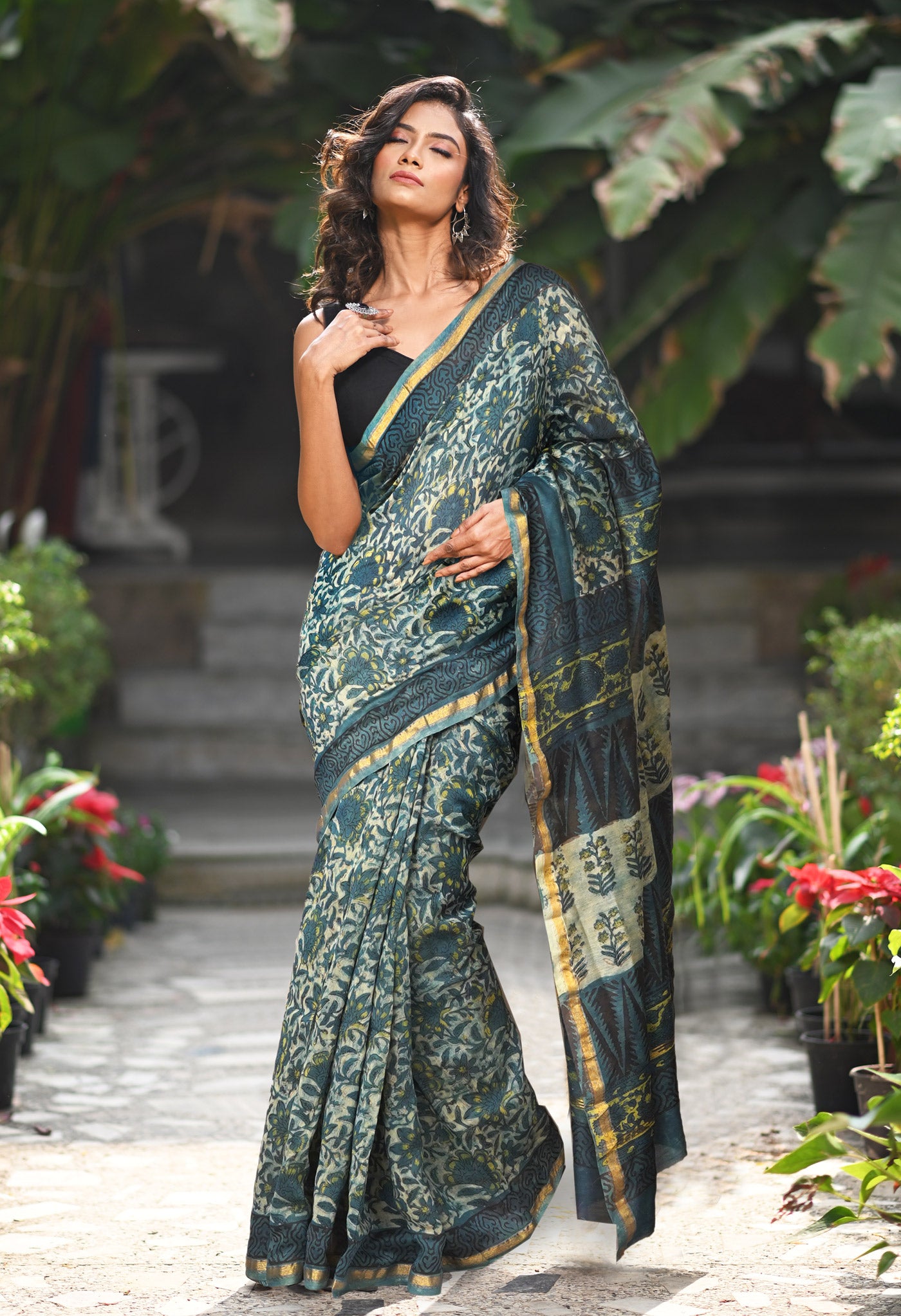 Blue Pure Vanaspathi Block Printed Chanderi Sico Saree-UNM81719