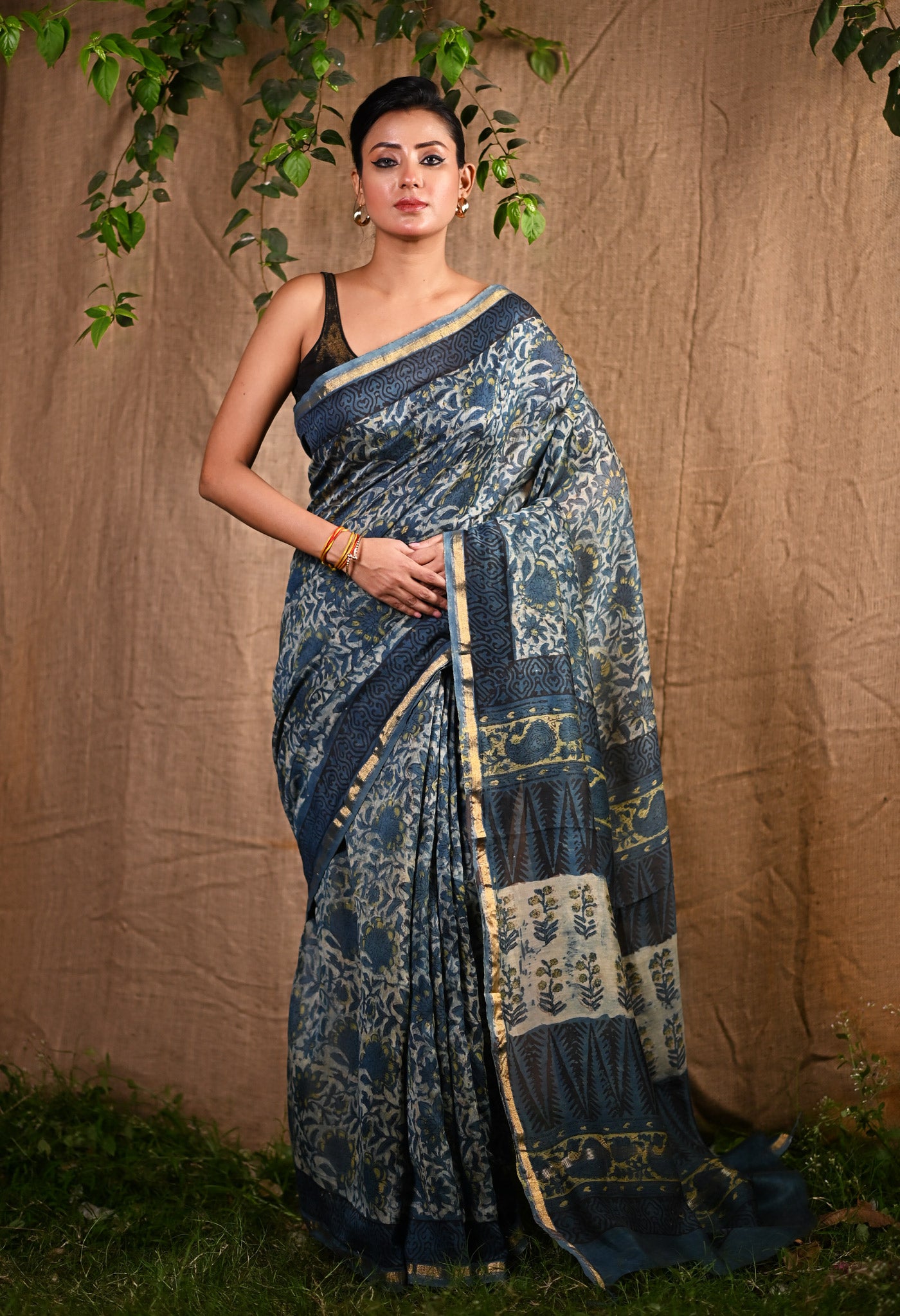 Blue Pure Vanaspathi Block Printed Chanderi Sico Saree-UNM81719