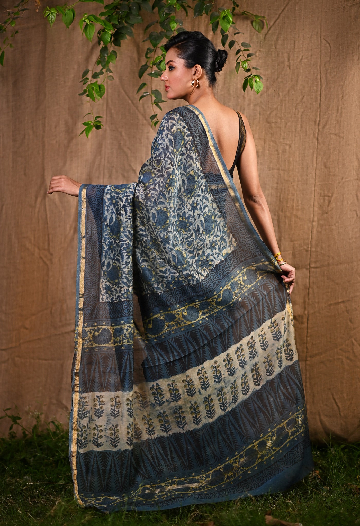 Blue Pure Vanaspathi Block Printed Chanderi Sico Saree-UNM81719