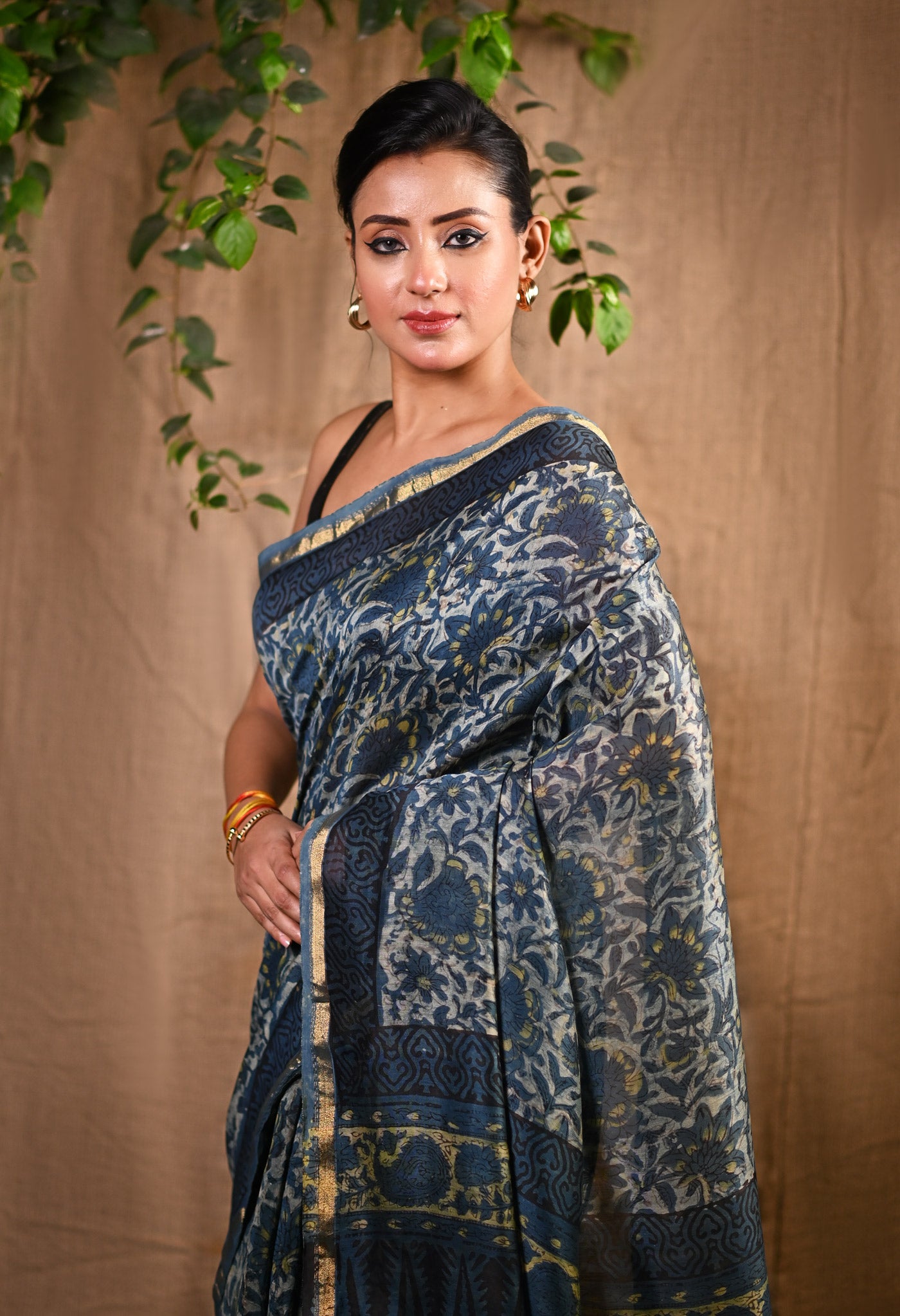 Blue Pure Vanaspathi Block Printed Chanderi Sico Saree-UNM81719