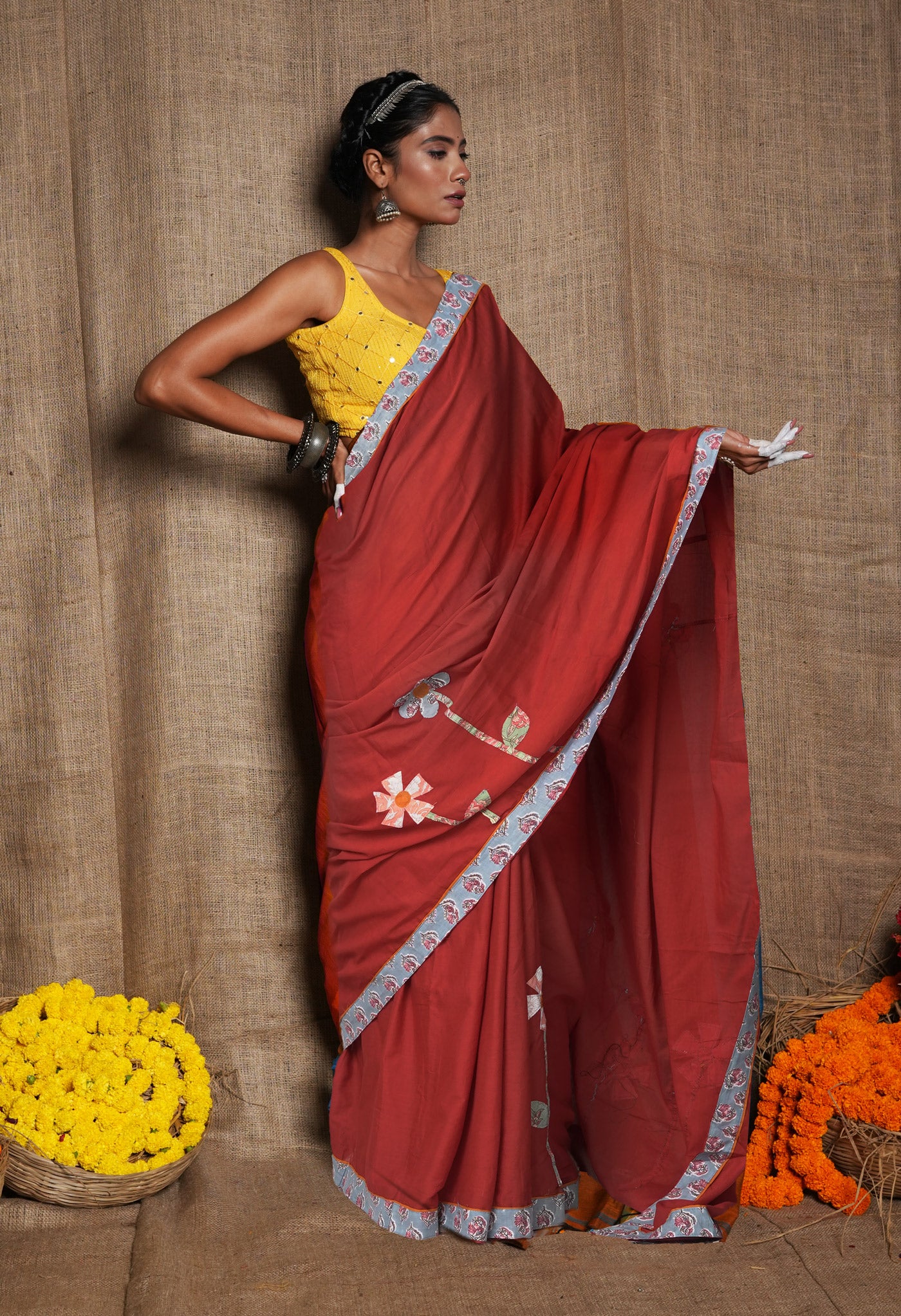 Red Pure Applique Work Mulmul Cotton Saree-UNM81720