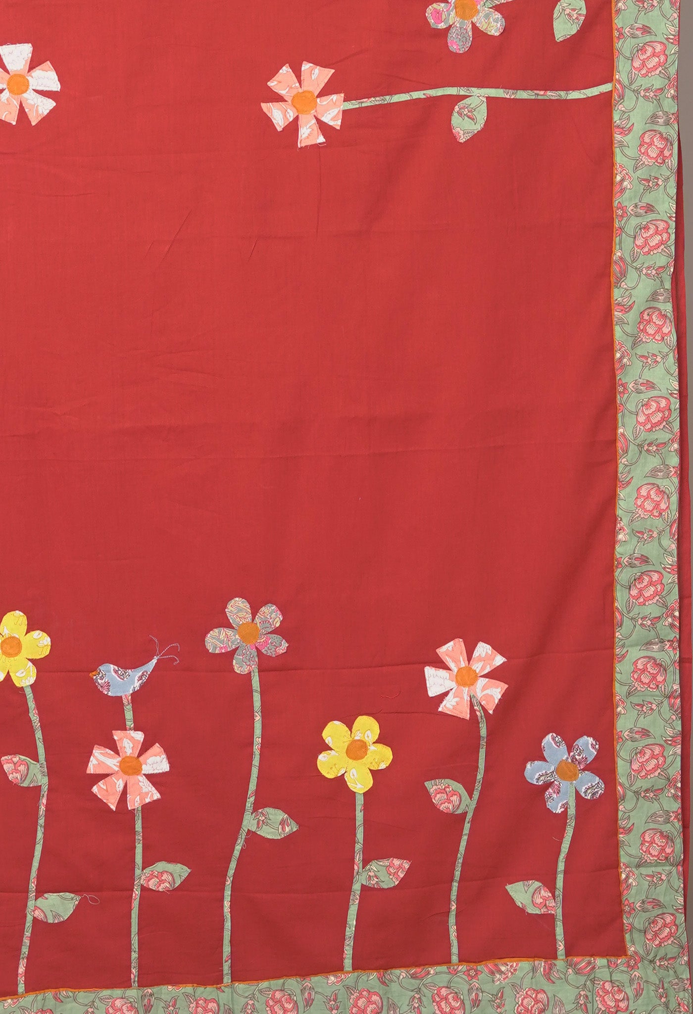 Red Pure Applique Work Mulmul Cotton Saree-UNM81723