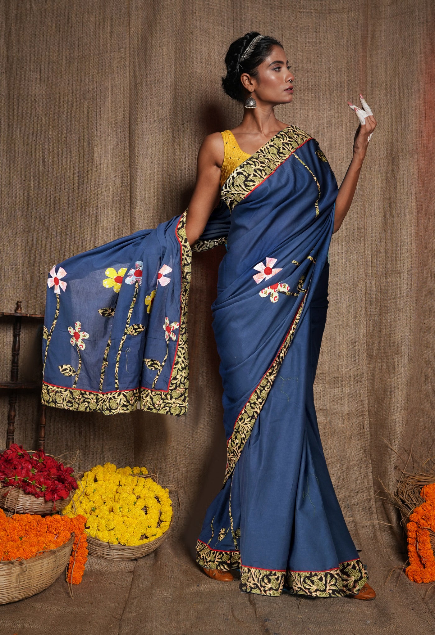 Navy Blue Pure Applique Work Mulmul Cotton Saree-UNM81724