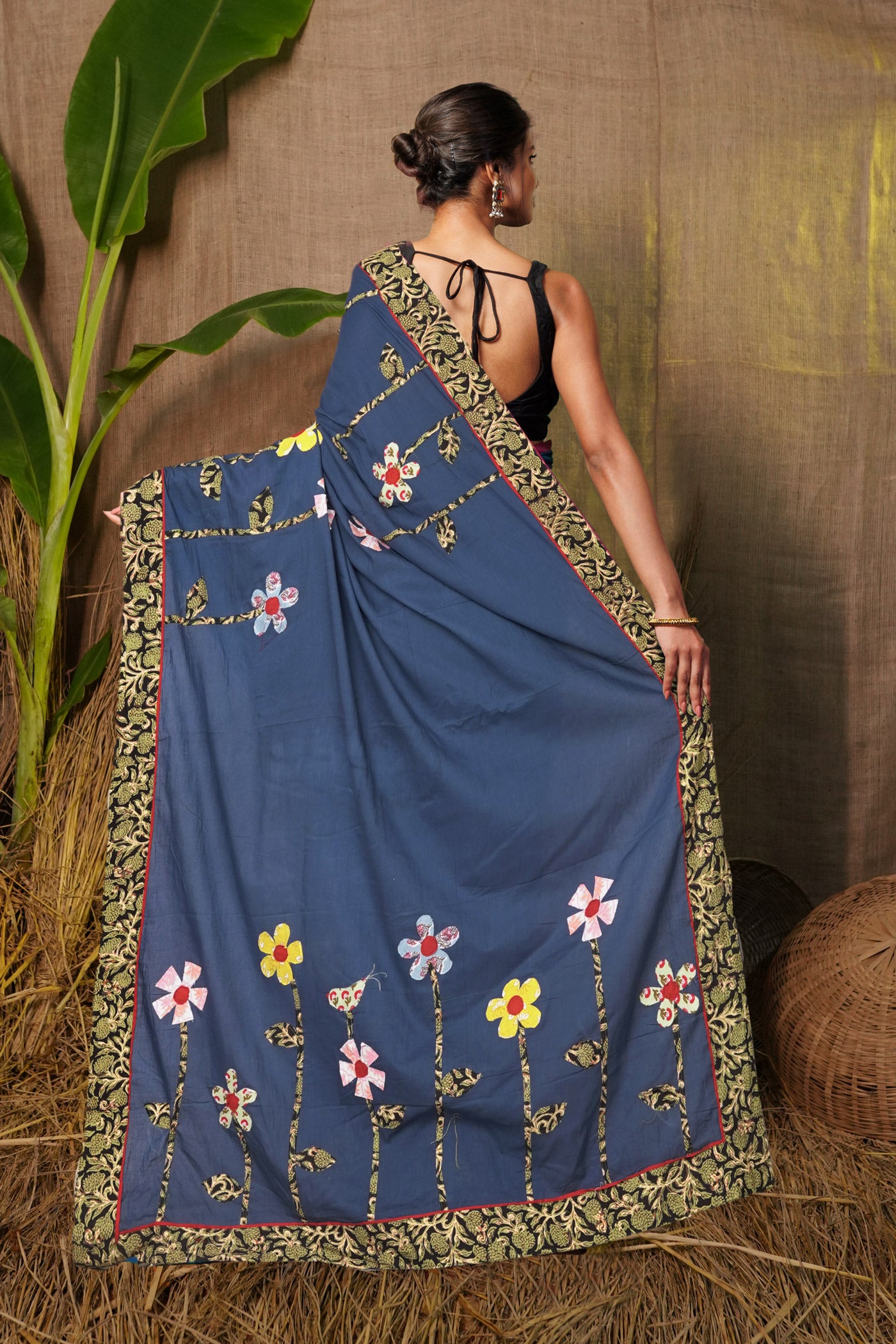 Navy Blue Pure Applique Work Mulmul Cotton Saree-UNM81724