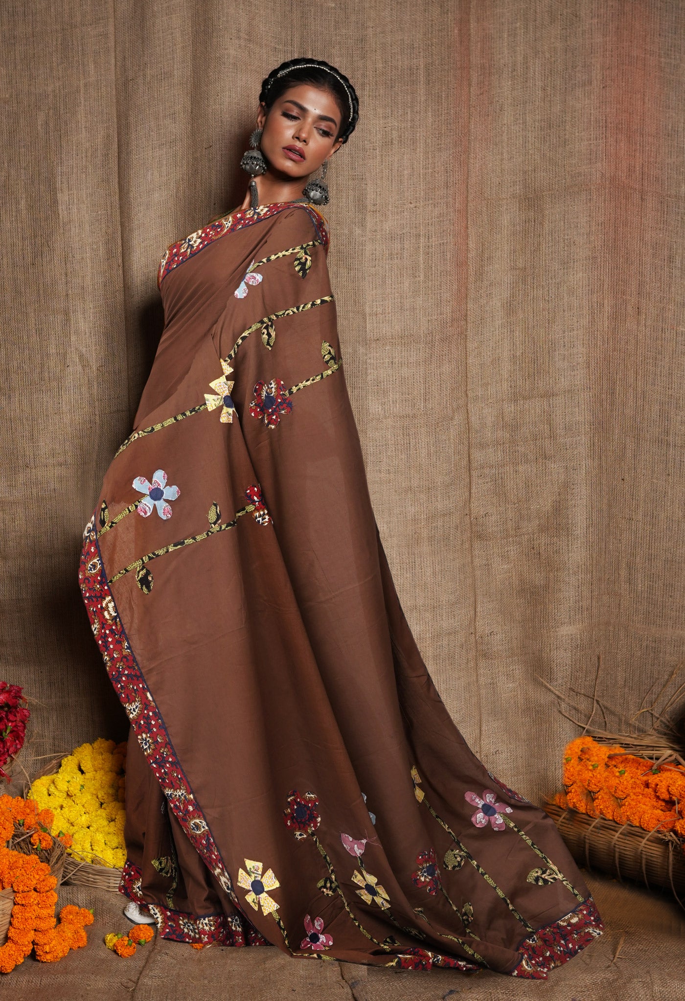 Brown Pure Applique Work Mulmul Cotton Saree-UNM81725